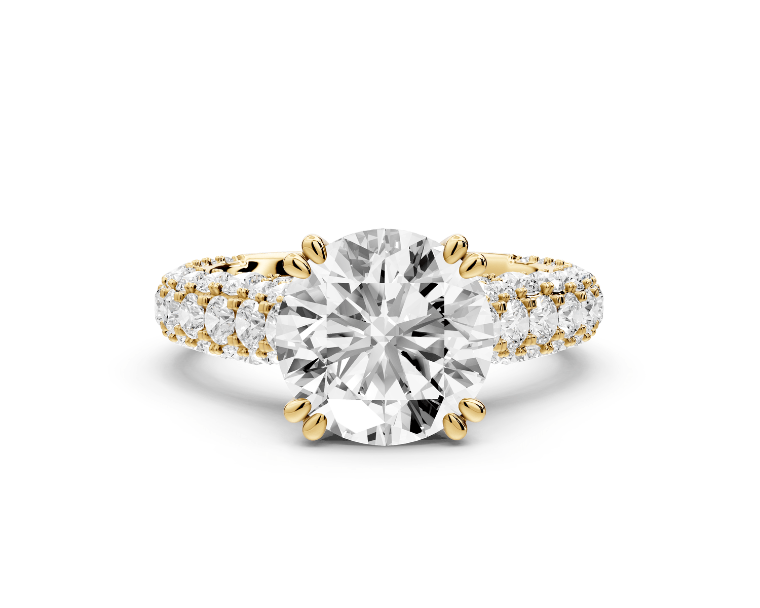 Clarissa - 3ct 14k yellow gold round Diamond double talon prongs with a diamond bridge rollover pave cathedral engagment ring - Mr. Alex Jewelry