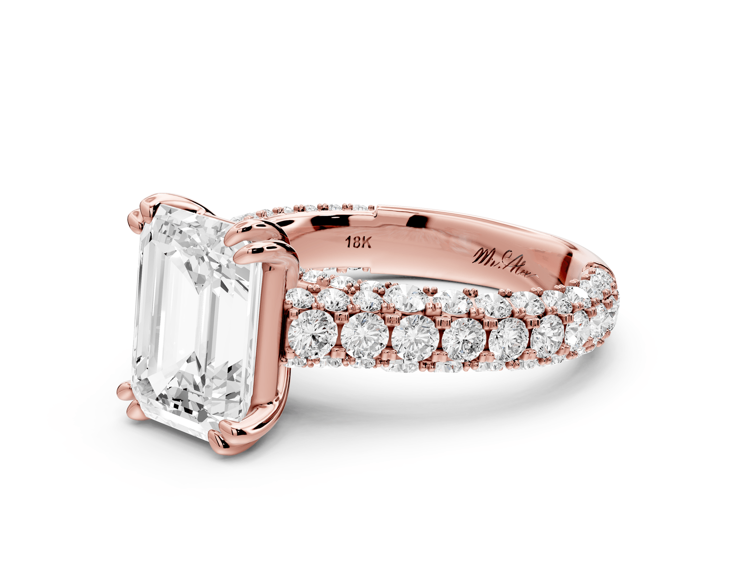 Clarissa - 3ct 18k rose gold emerald Diamond double talon prongs with a diamond bridge rollover pave cathedral engagment ring - Mr. Alex Jewelry