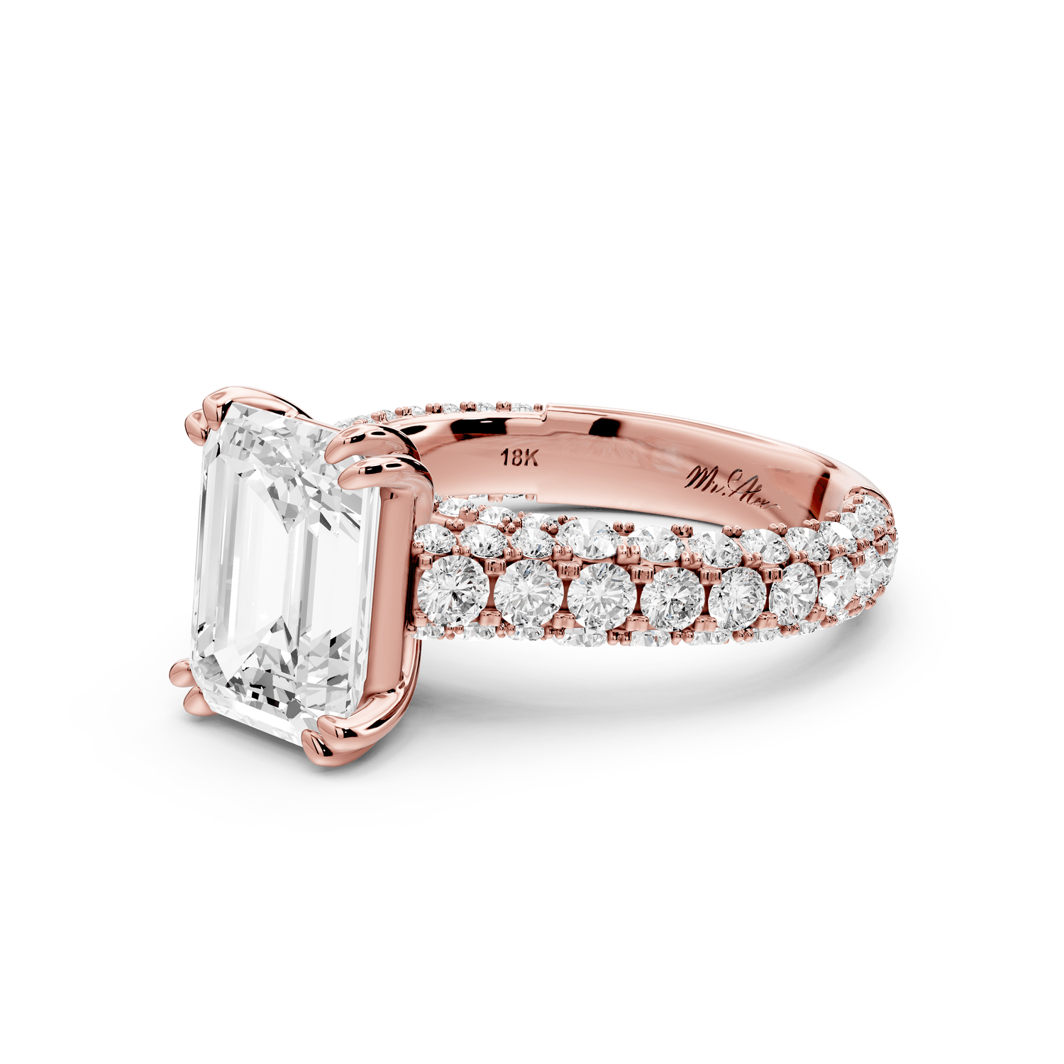 Clarissa - 3ct 18k rose gold emerald Diamond double talon prongs with a diamond bridge rollover pave cathedral engagment ring - Mr. Alex Jewelry