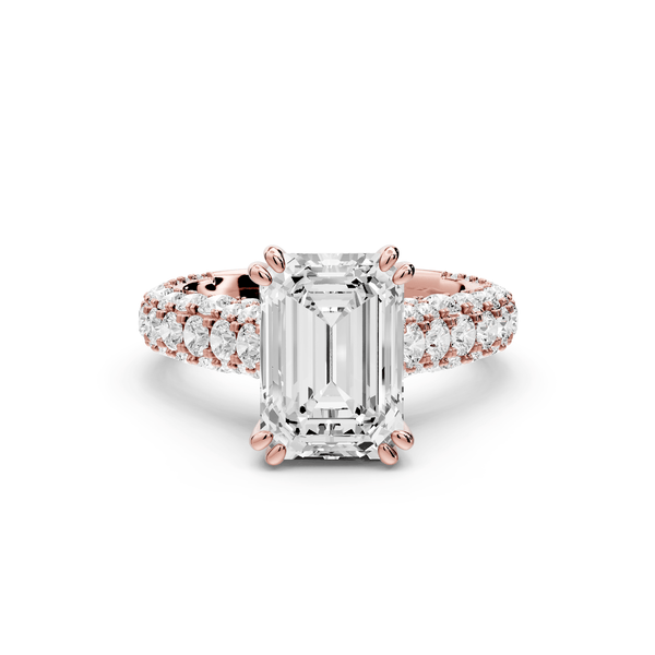 Clarissa - 3ct 18k rose gold emerald Diamond double talon prongs with a diamond bridge rollover pave cathedral engagment ring - Mr. Alex Jewelry