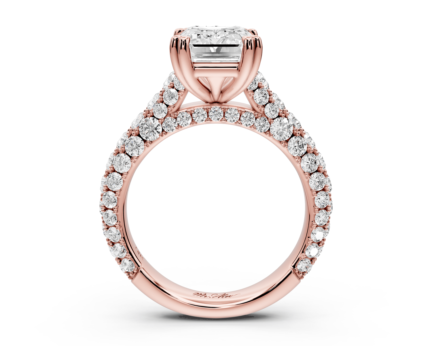 Clarissa - 3ct 18k rose gold emerald Diamond double talon prongs with a diamond bridge rollover pave cathedral engagment ring - Mr. Alex Jewelry