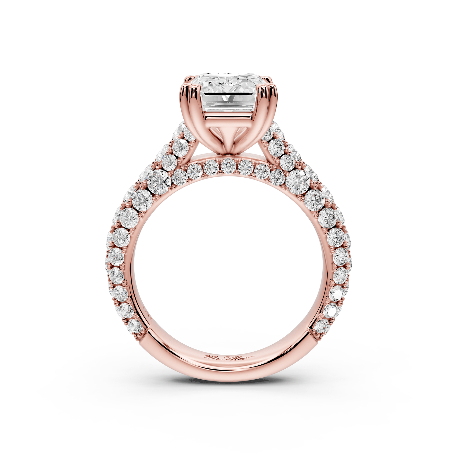 Clarissa - 3ct 18k rose gold emerald Diamond double talon prongs with a diamond bridge rollover pave cathedral engagment ring - Mr. Alex Jewelry