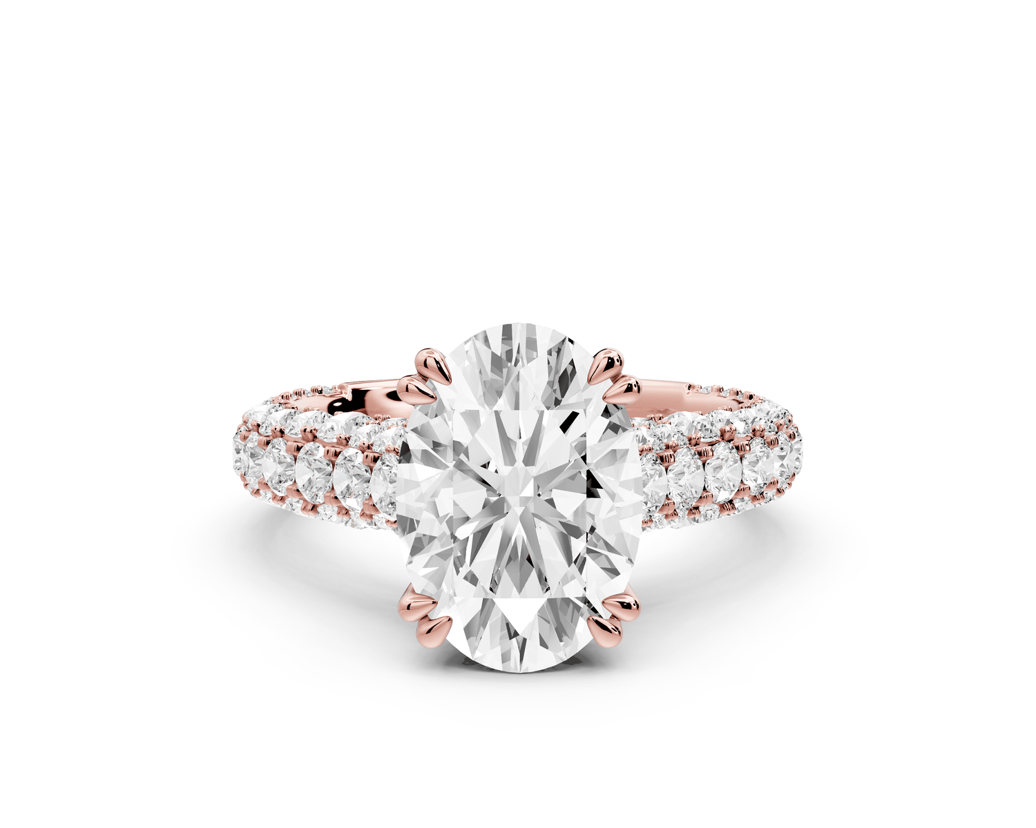 Clarissa - 3ct 18k rose gold oval Diamond double talon prongs with a diamond bridge rollover pave cathedral engagment ring - Mr. Alex Jewelry
