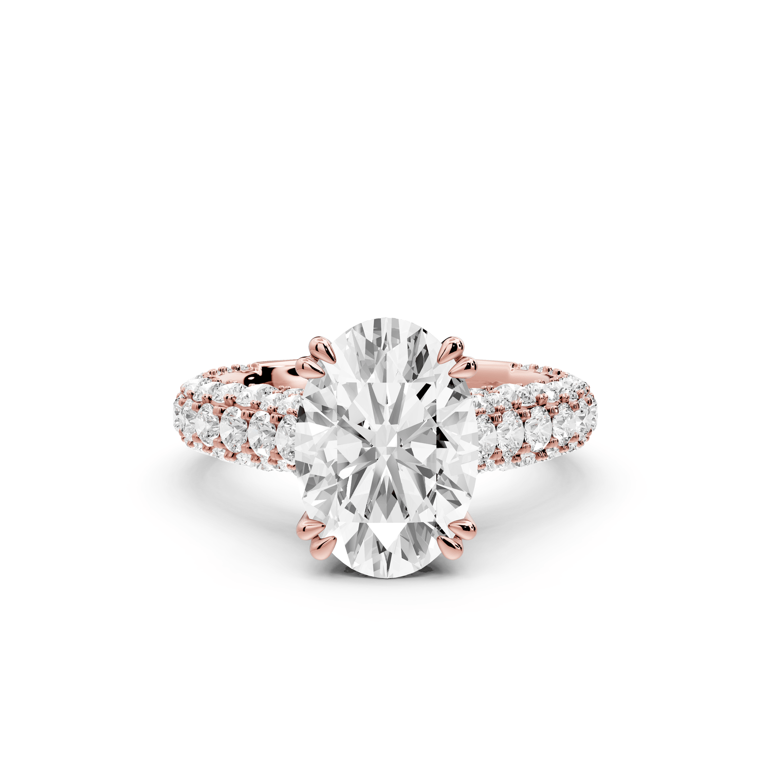Clarissa - 3ct 18k rose gold oval Diamond double talon prongs with a diamond bridge rollover pave cathedral engagment ring - Mr. Alex Jewelry