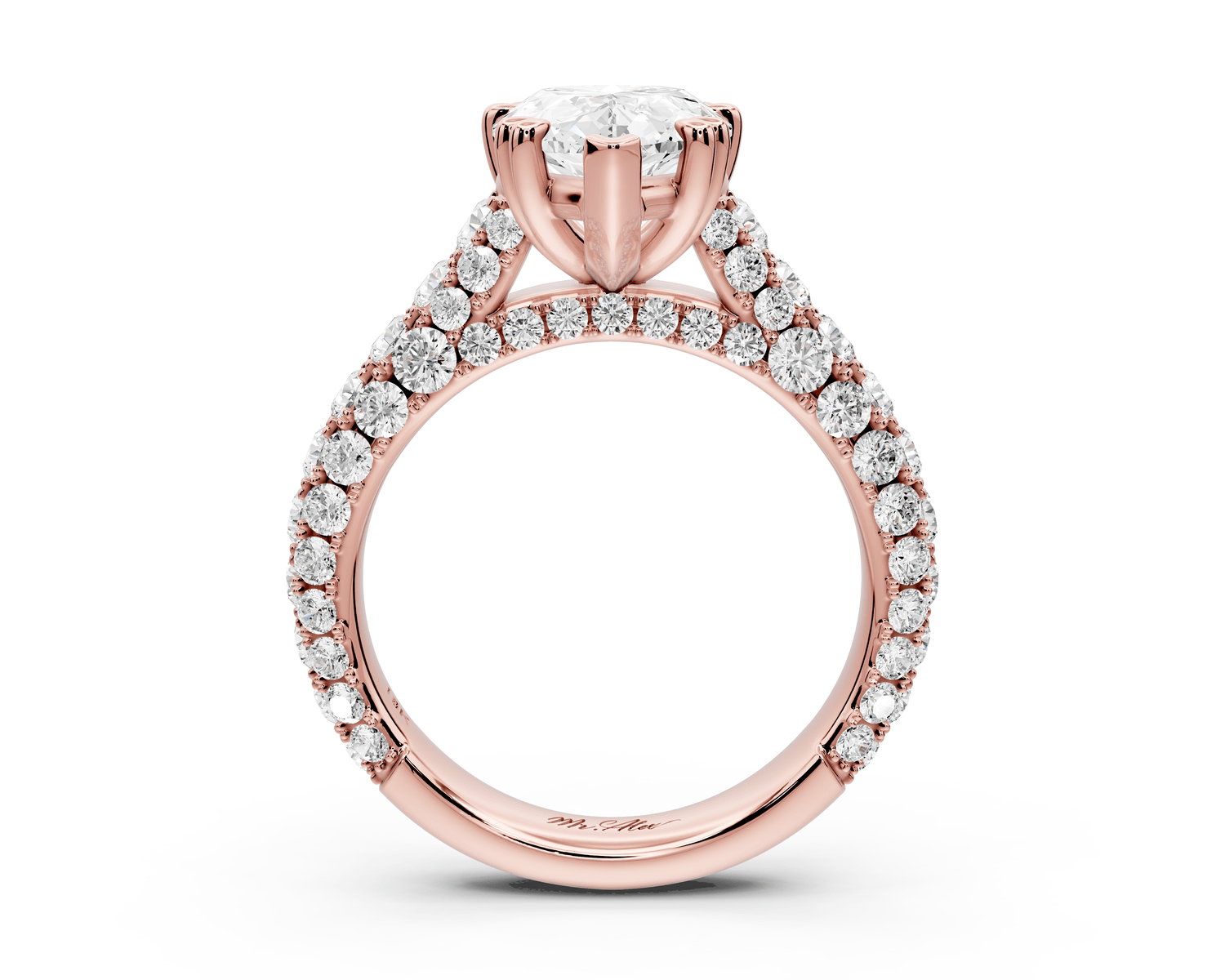 Clarissa - 3ct 18k rose gold pear Diamond double talon prongs with a diamond bridge rollover pave cathedral engagment ring - Mr. Alex Jewelry