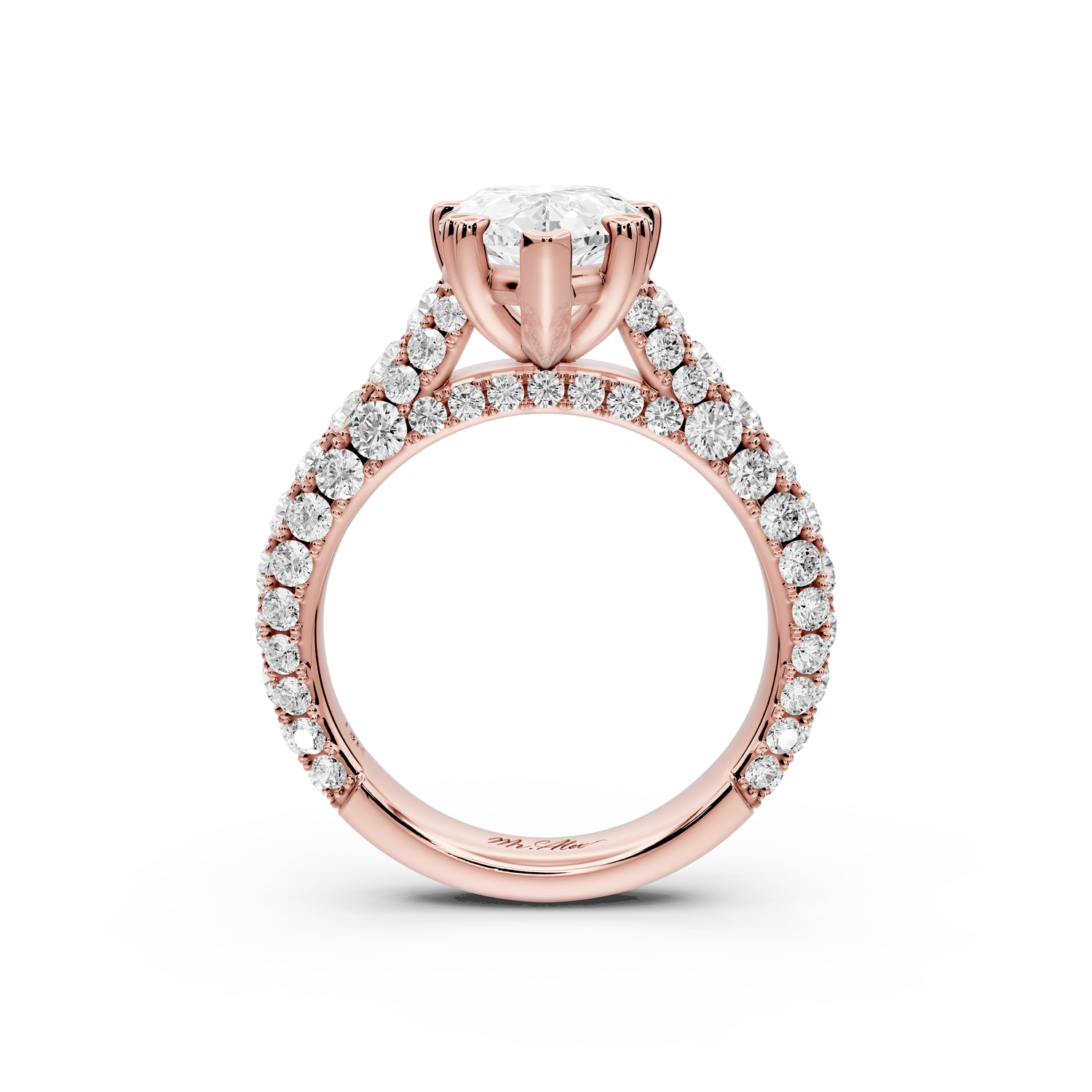 Clarissa - 3ct 18k rose gold pear Diamond double talon prongs with a diamond bridge rollover pave cathedral engagment ring - Mr. Alex Jewelry