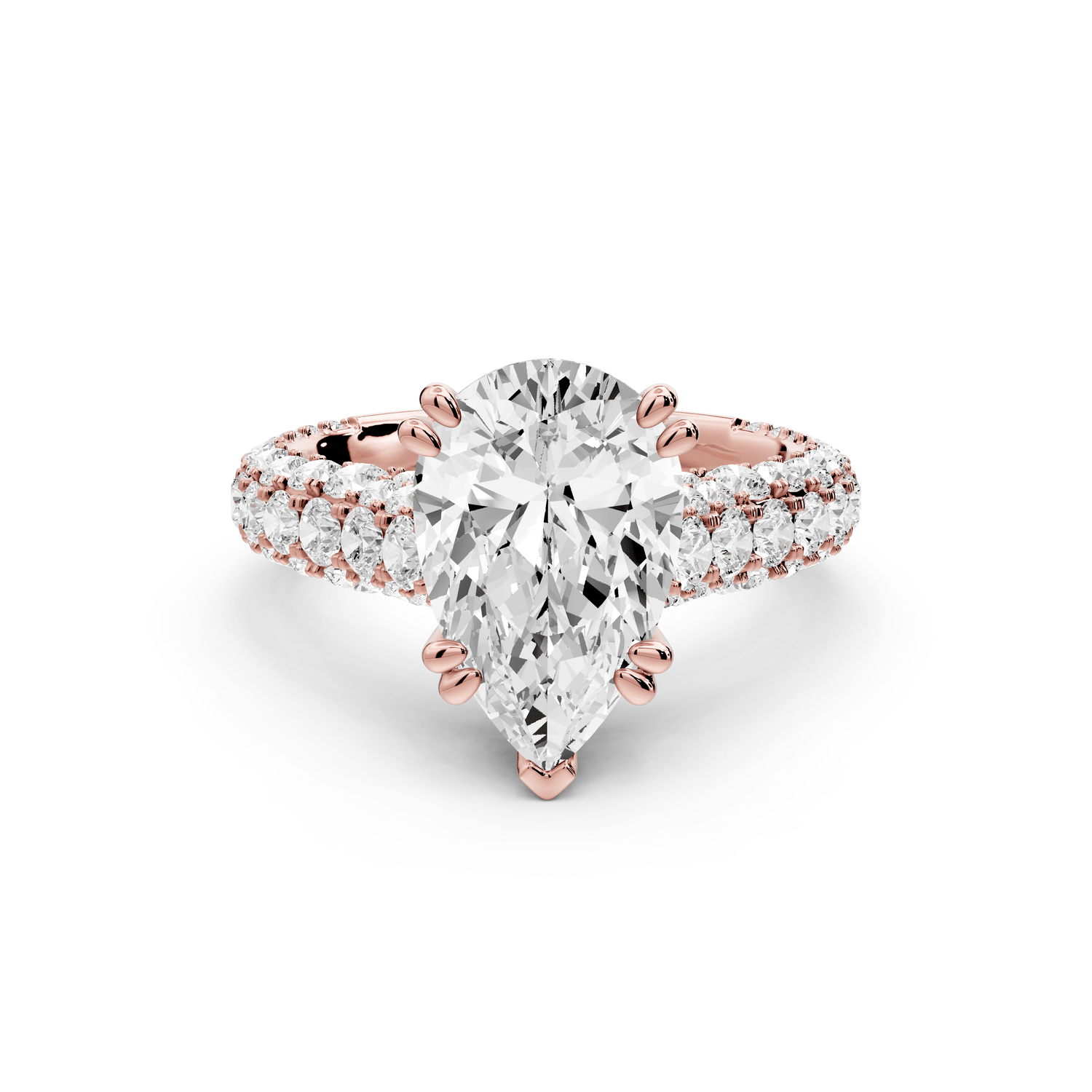 Clarissa - 3ct 18k rose gold pear Diamond double talon prongs with a diamond bridge rollover pave cathedral engagment ring - Mr. Alex Jewelry