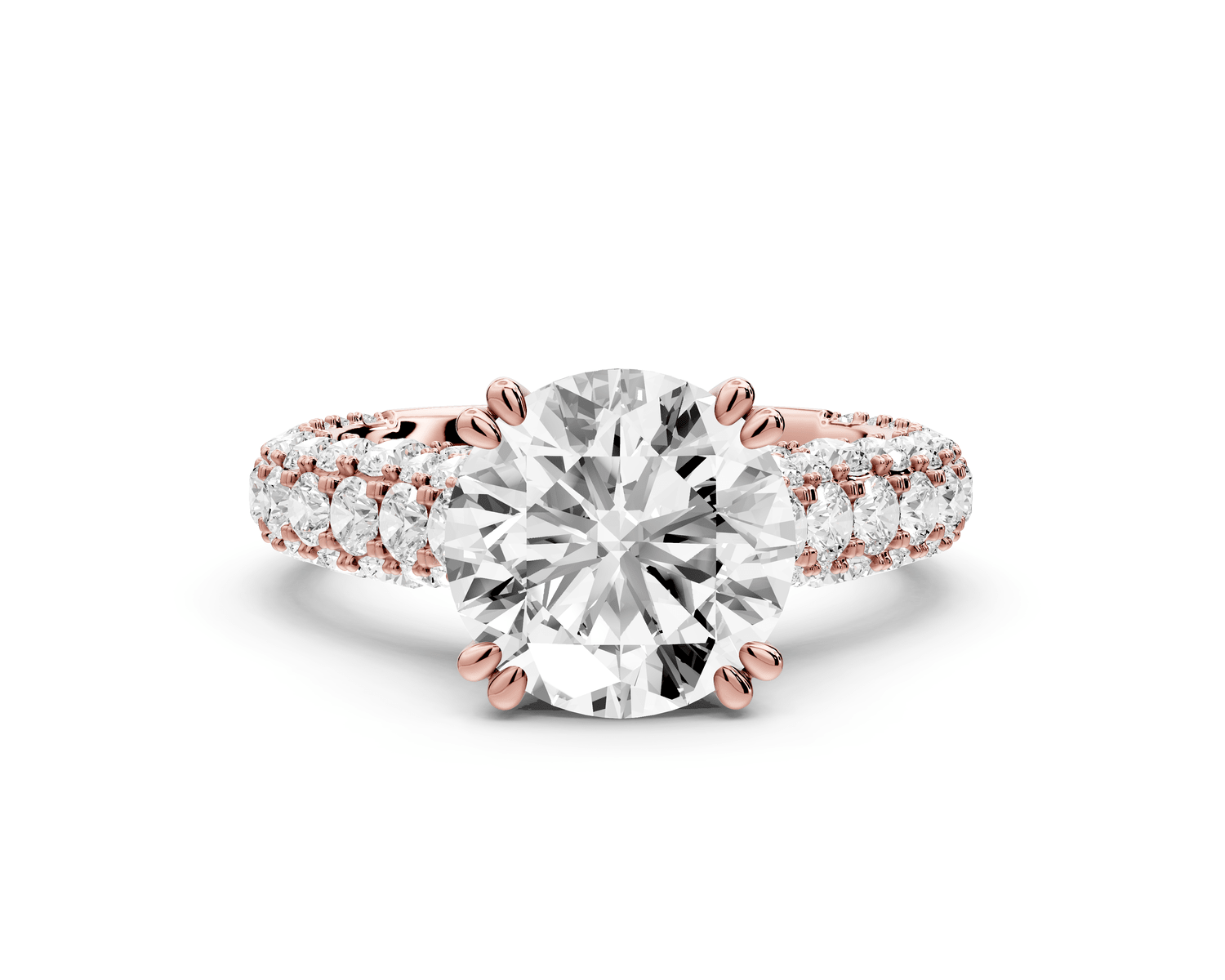 Clarissa - 3ct 18k rose gold round Diamond double talon prongs with a diamond bridge rollover pave cathedral engagment ring - Mr. Alex Jewelry