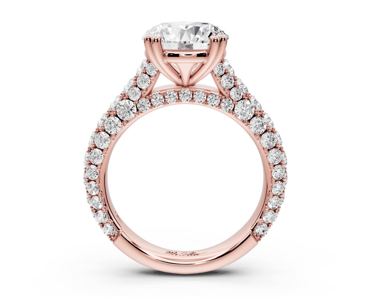 Clarissa - 3ct 18k rose gold round Diamond double talon prongs with a diamond bridge rollover pave cathedral engagment ring - Mr. Alex Jewelry