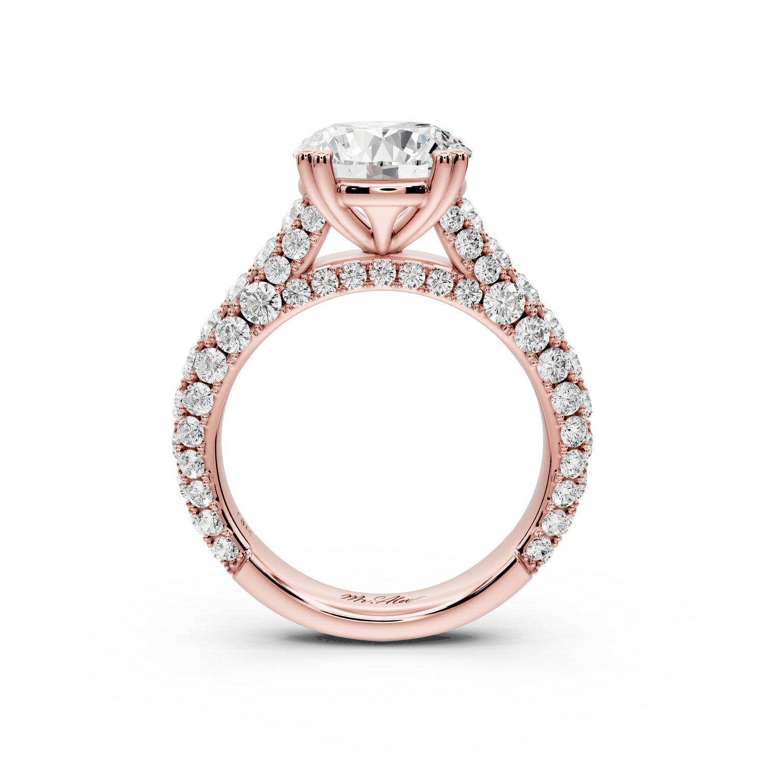 Clarissa - 3ct 18k rose gold round Diamond double talon prongs with a diamond bridge rollover pave cathedral engagment ring - Mr. Alex Jewelry