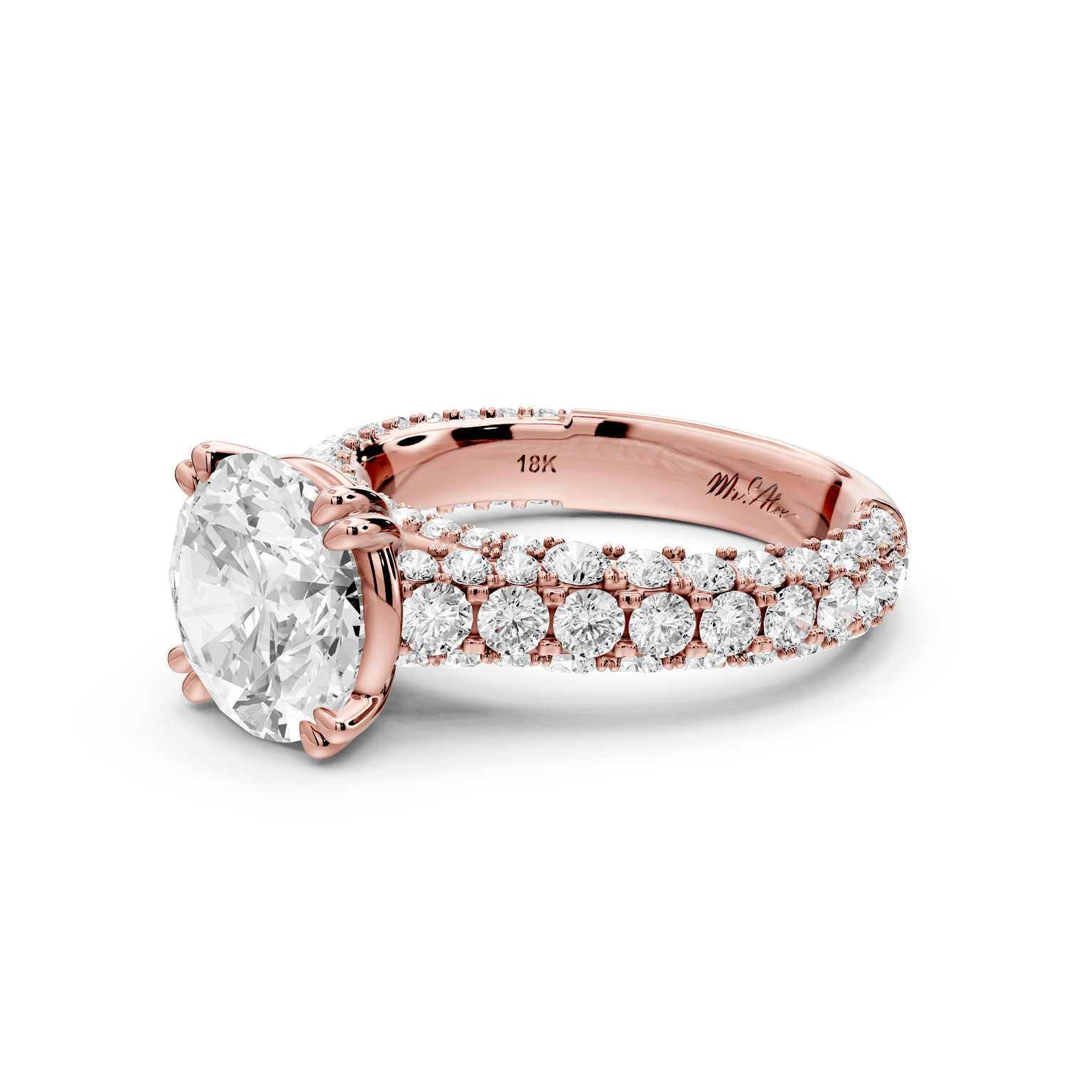 Clarissa - 3ct 18k rose gold round Diamond double talon prongs with a diamond bridge rollover pave cathedral engagment ring - Mr. Alex Jewelry