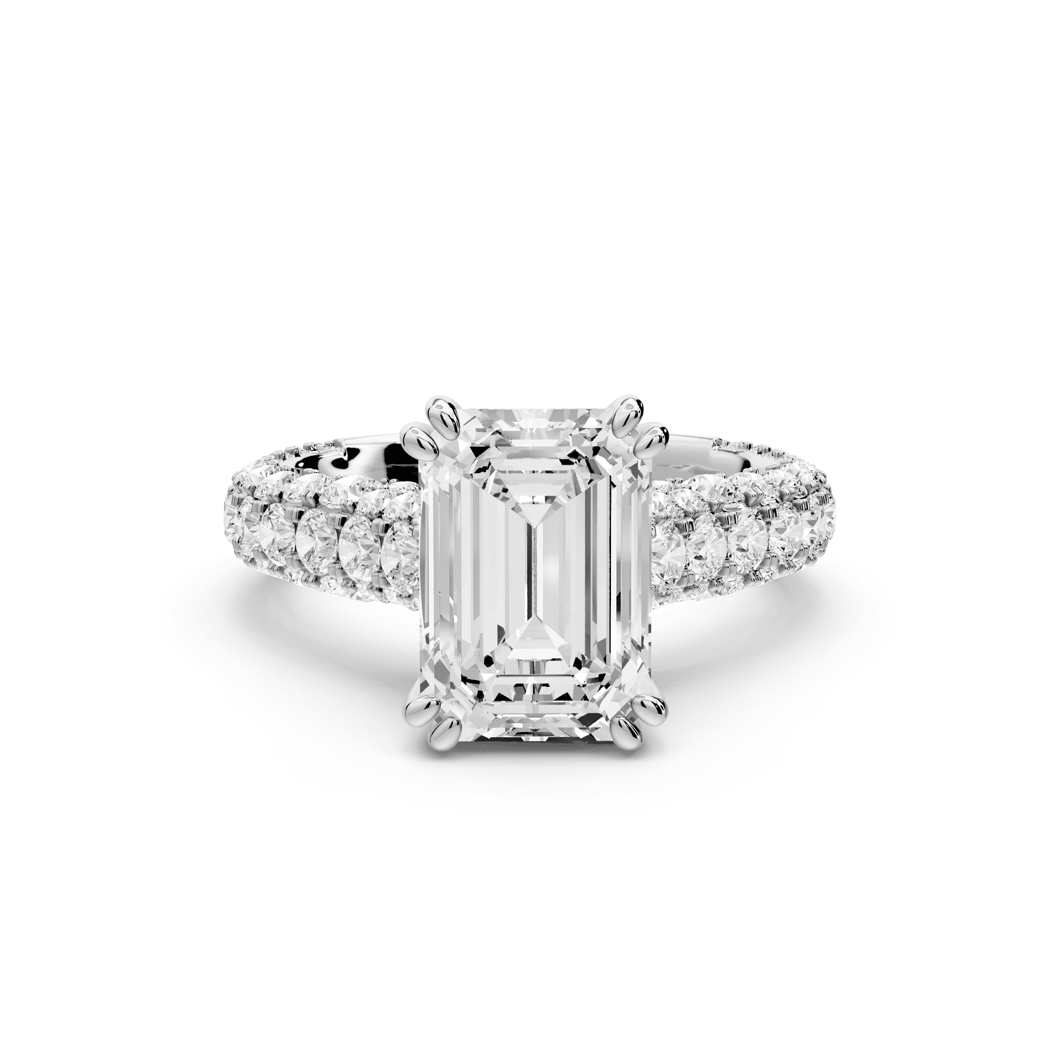 Clarissa - 3ct 18k white gold emerald Diamond double talon prongs with a diamond bridge rollover pave cathedral engagment ring - Mr. Alex Jewelry