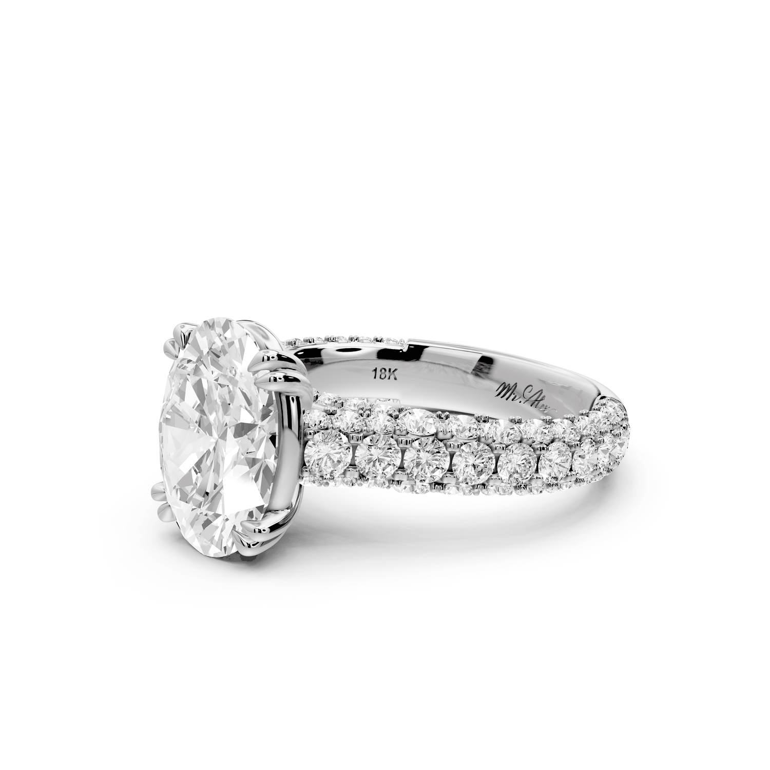 Clarissa - 3ct 18k white gold oval Diamond double talon prongs with a diamond bridge rollover pave cathedral engagment ring - Mr. Alex Jewelry
