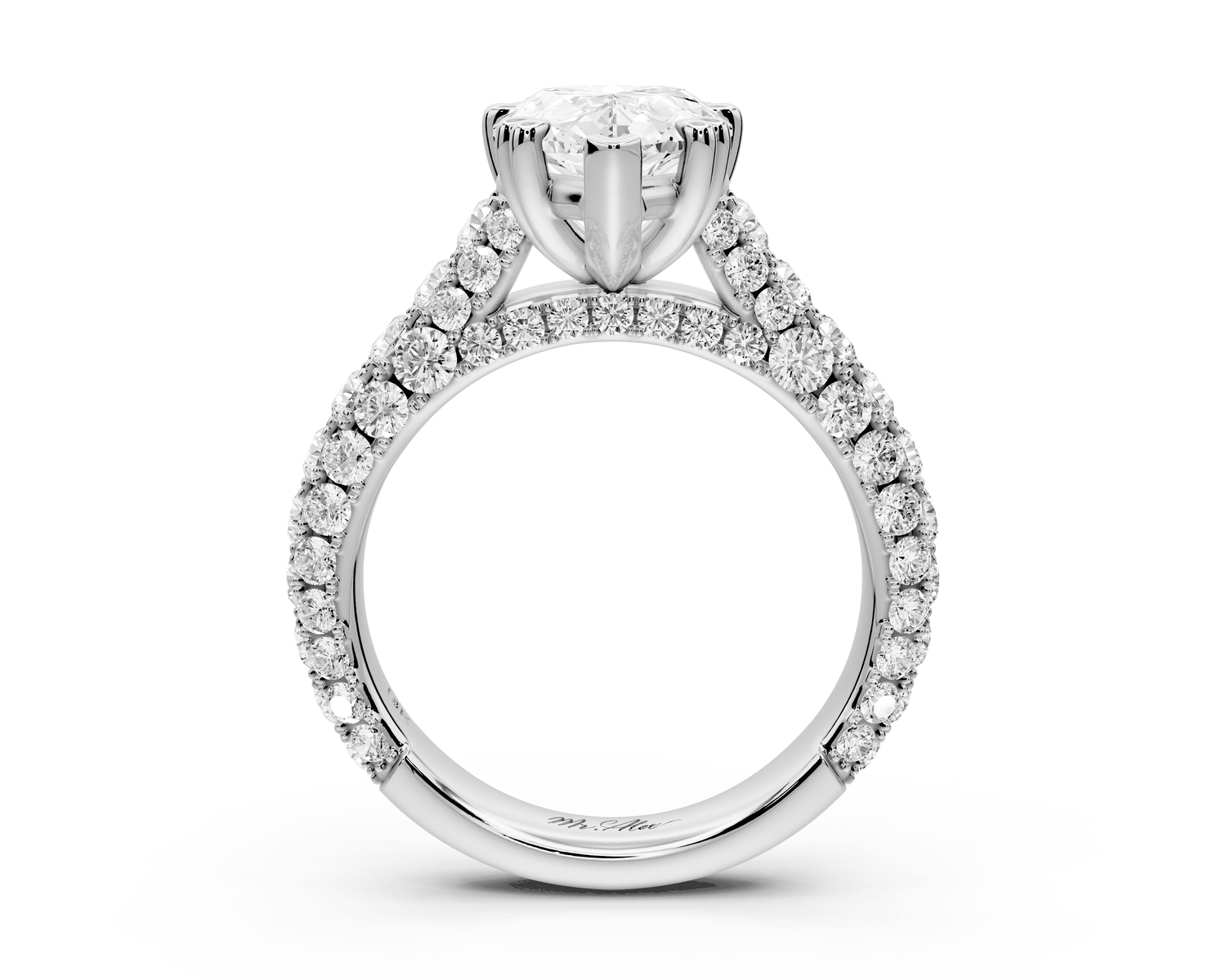 Clarissa - 3ct 18k white gold pear Diamond double talon prongs with a diamond bridge rollover pave cathedral engagment ring - Mr. Alex Jewelry