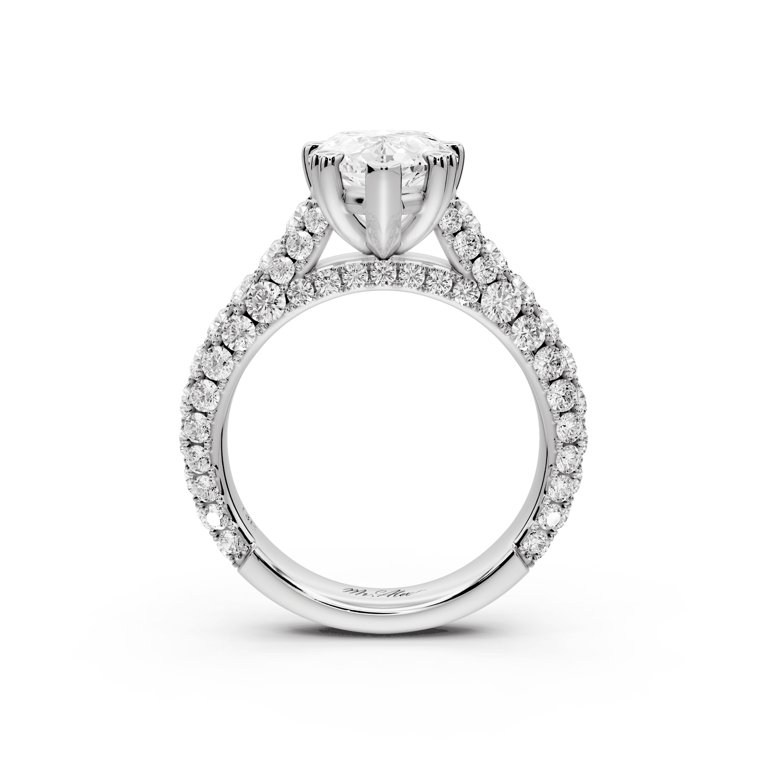 Clarissa - 3ct 18k white gold pear Diamond double talon prongs with a diamond bridge rollover pave cathedral engagment ring - Mr. Alex Jewelry