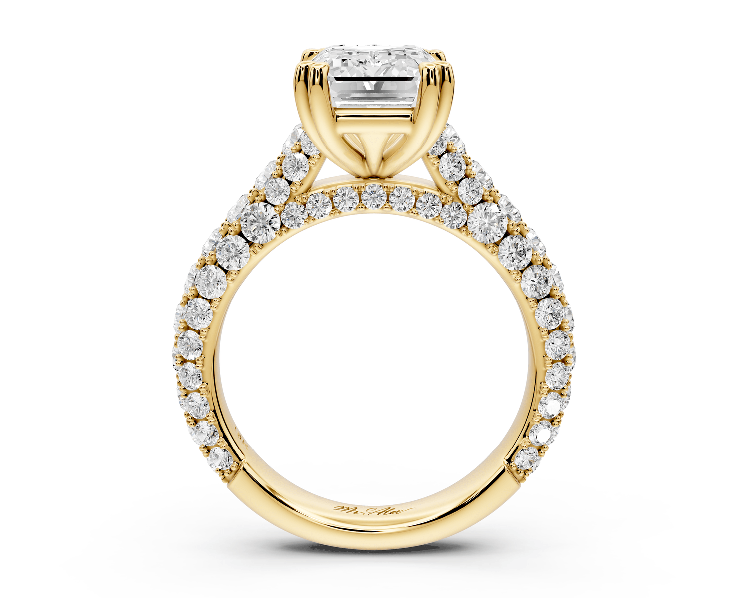 Clarissa - 3ct 18k yellow gold emerald Diamond double talon prongs with a diamond bridge rollover pave cathedral engagment ring - Mr. Alex Jewelry