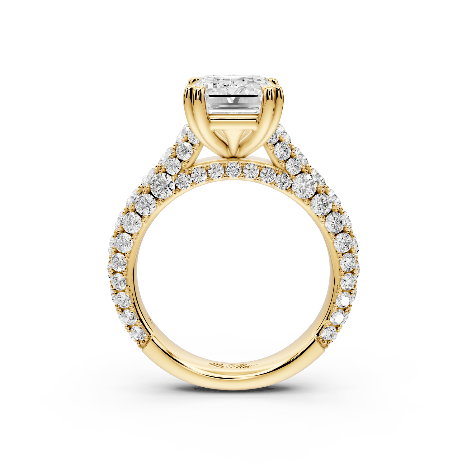 Clarissa - 3ct 18k yellow gold emerald Diamond double talon prongs with a diamond bridge rollover pave cathedral engagment ring - Mr. Alex Jewelry