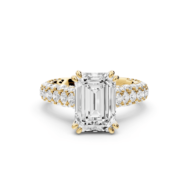 Clarissa - 3ct 18k yellow gold emerald Diamond double talon prongs with a diamond bridge rollover pave cathedral engagment ring - Mr. Alex Jewelry