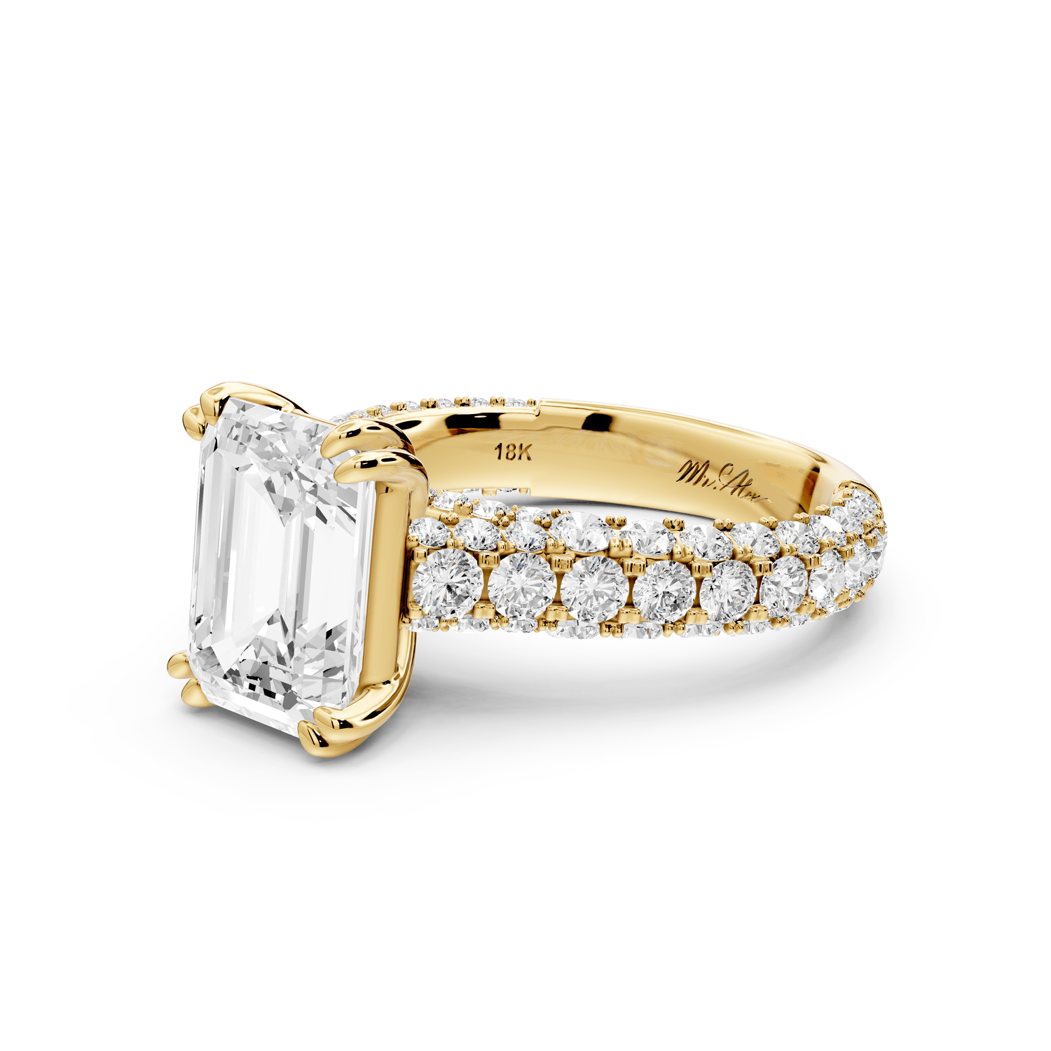 Clarissa - 3ct 18k yellow gold emerald Diamond double talon prongs with a diamond bridge rollover pave cathedral engagment ring - Mr. Alex Jewelry