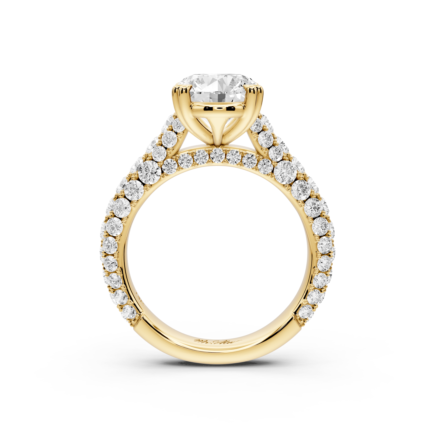Clarissa - 3ct 18k yellow gold oval Diamond double talon prongs with a diamond bridge rollover pave cathedral engagment ring - Mr. Alex Jewelry