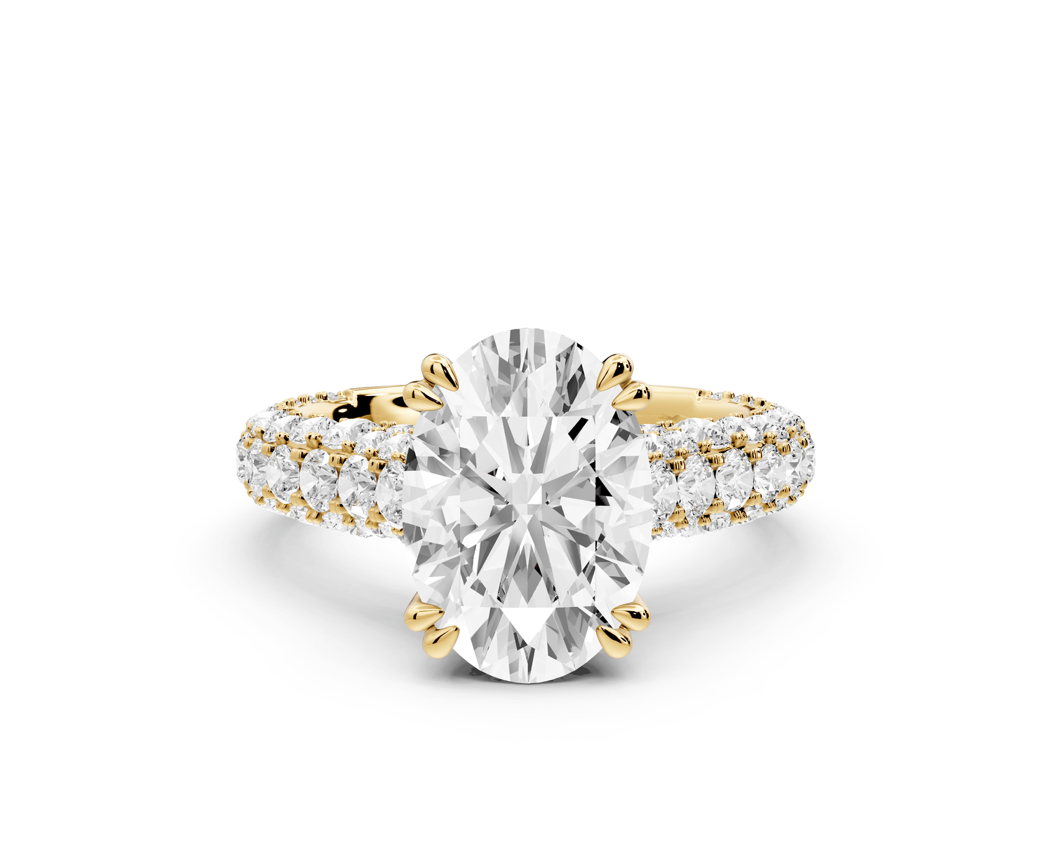 Clarissa - 3ct 18k yellow gold oval Diamond double talon prongs with a diamond bridge rollover pave cathedral engagment ring - Mr. Alex Jewelry