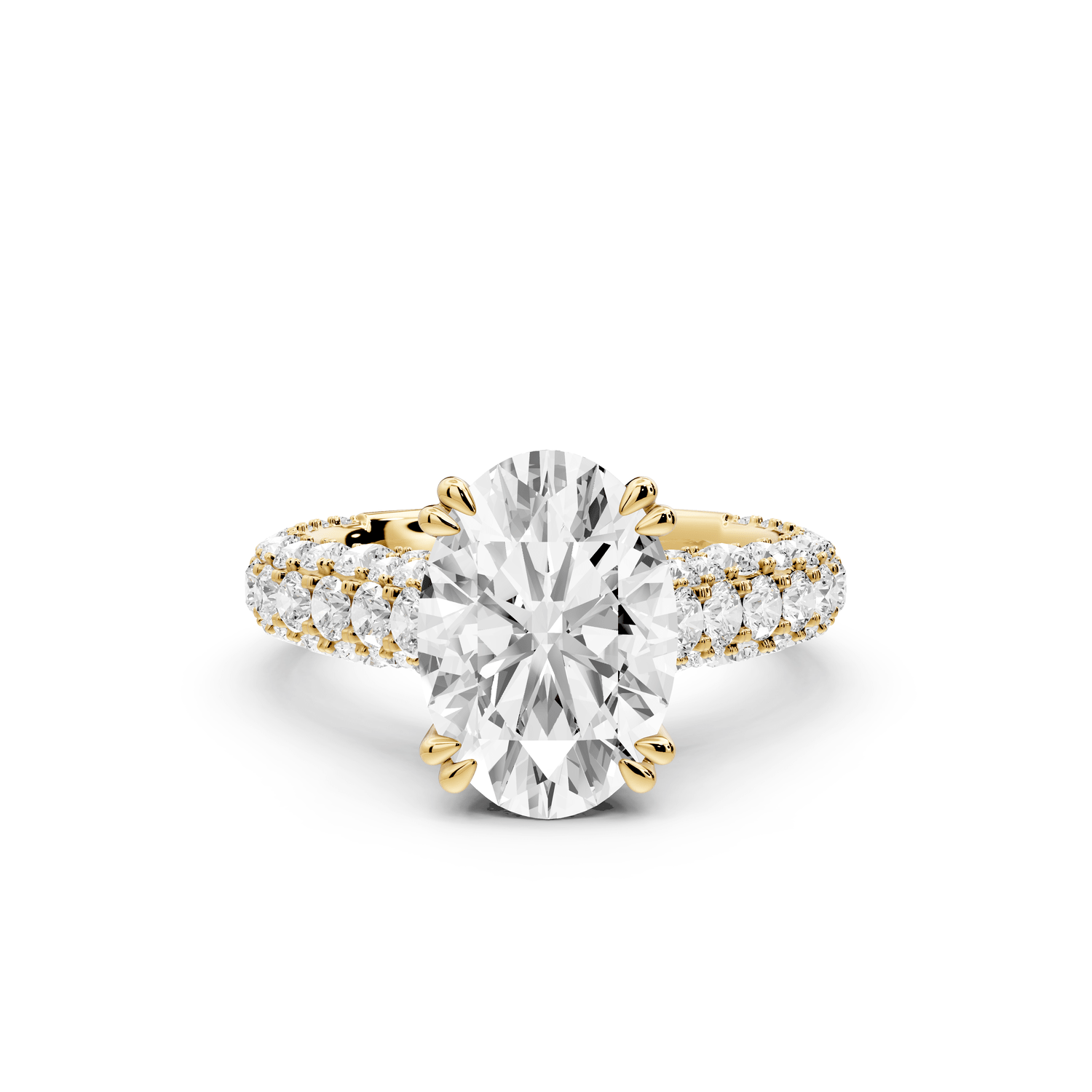 Clarissa - 3ct 18k yellow gold oval Diamond double talon prongs with a diamond bridge rollover pave cathedral engagment ring - Mr. Alex Jewelry