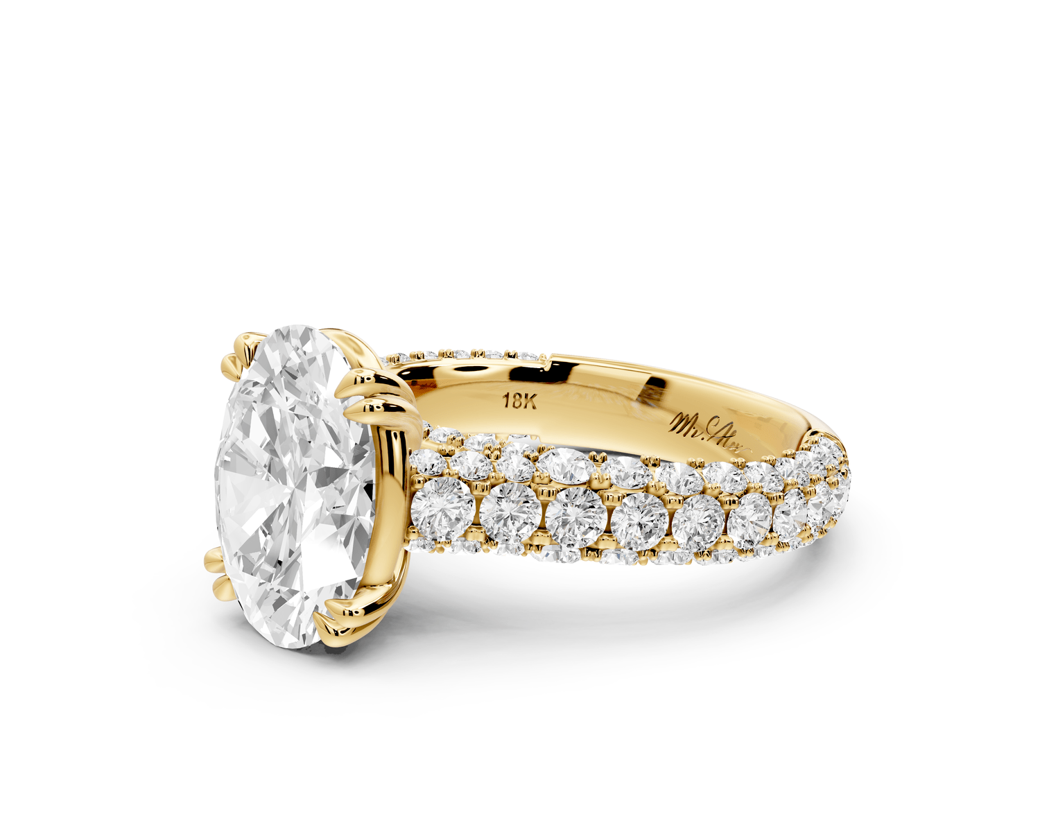 Clarissa - 3ct 18k yellow gold oval Diamond double talon prongs with a diamond bridge rollover pave cathedral engagment ring - Mr. Alex Jewelry