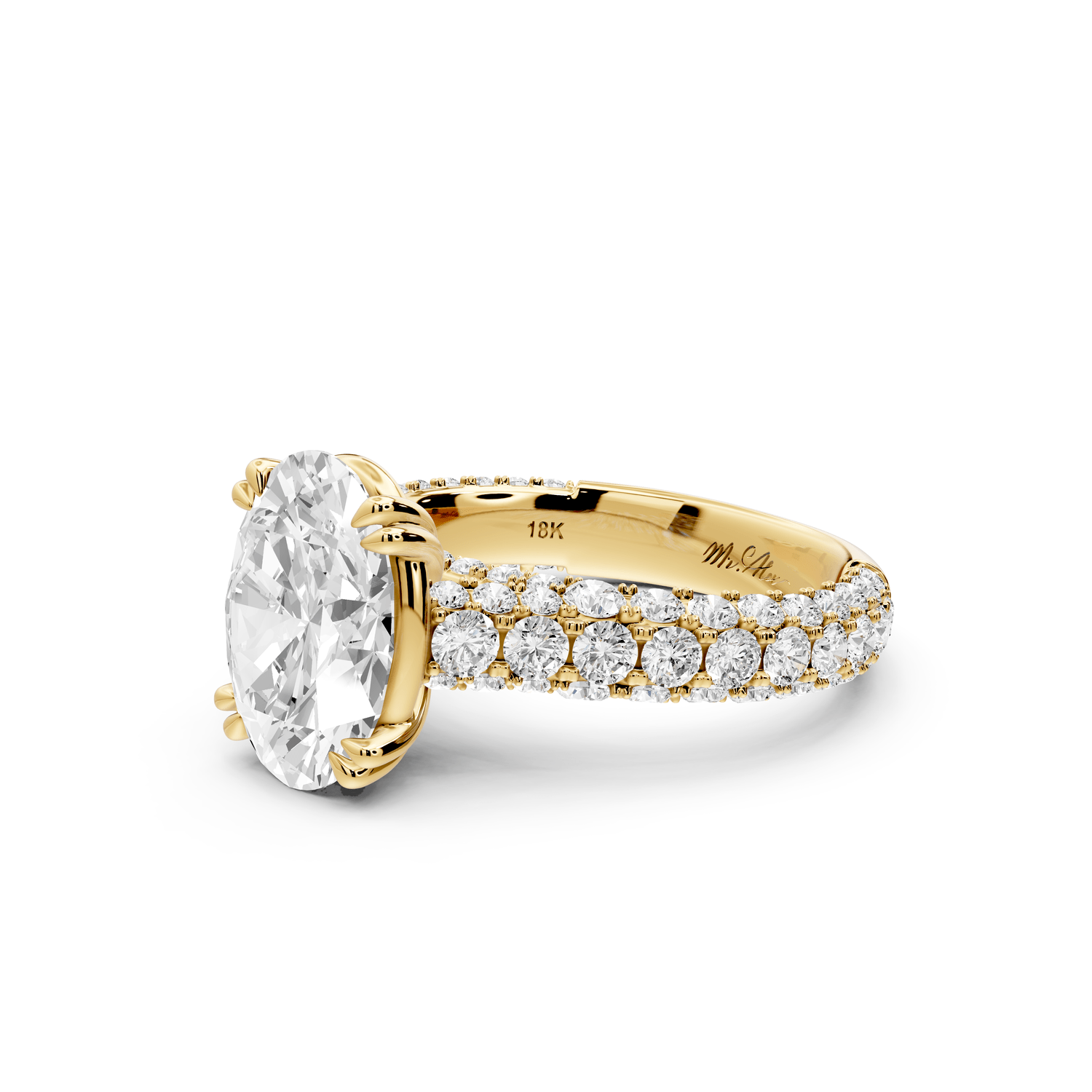 Clarissa - 3ct 18k yellow gold oval Diamond double talon prongs with a diamond bridge rollover pave cathedral engagment ring - Mr. Alex Jewelry