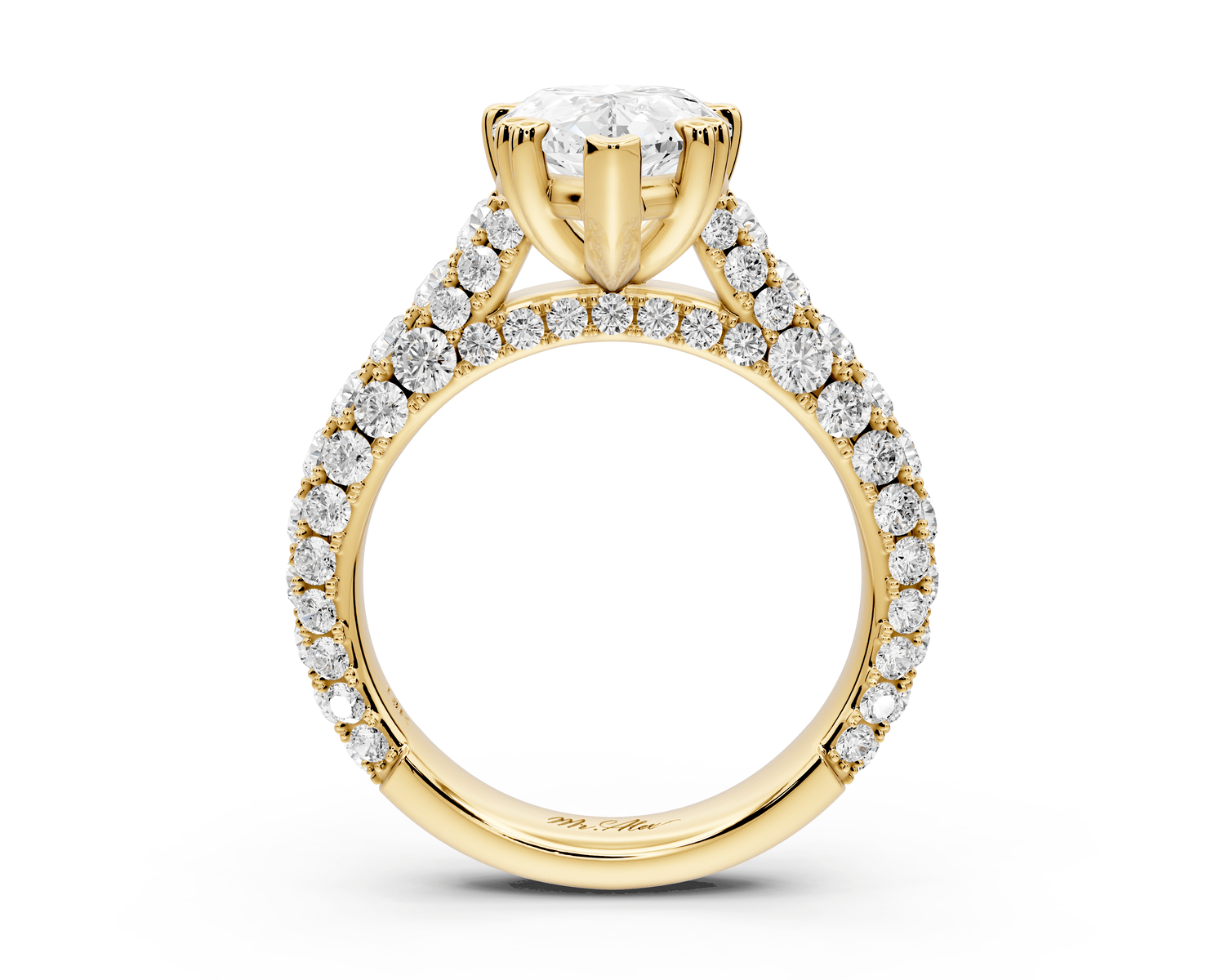 Clarissa - 3ct 18k yellow gold pear Diamond double talon prongs with a diamond bridge rollover pave cathedral engagment ring - Mr. Alex Jewelry