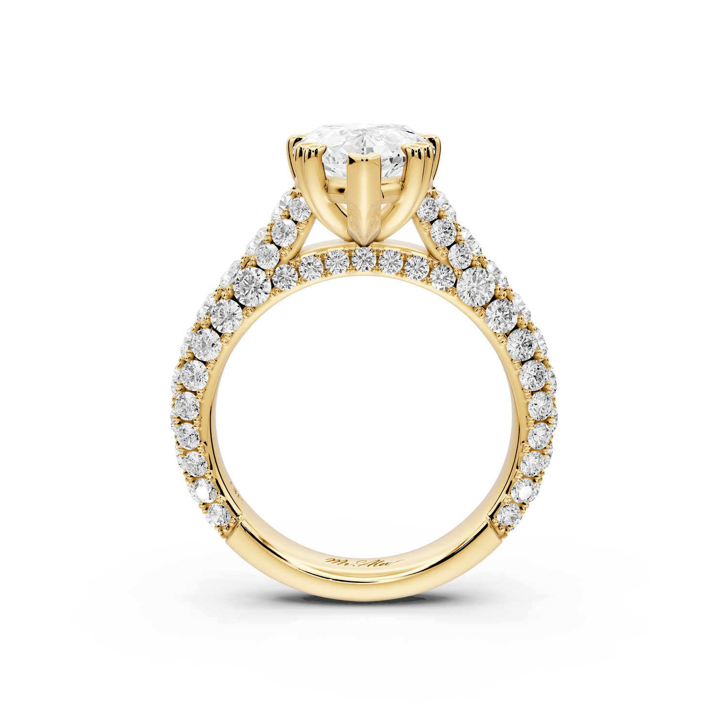 Clarissa - 3ct 18k yellow gold pear Diamond double talon prongs with a diamond bridge rollover pave cathedral engagment ring - Mr. Alex Jewelry