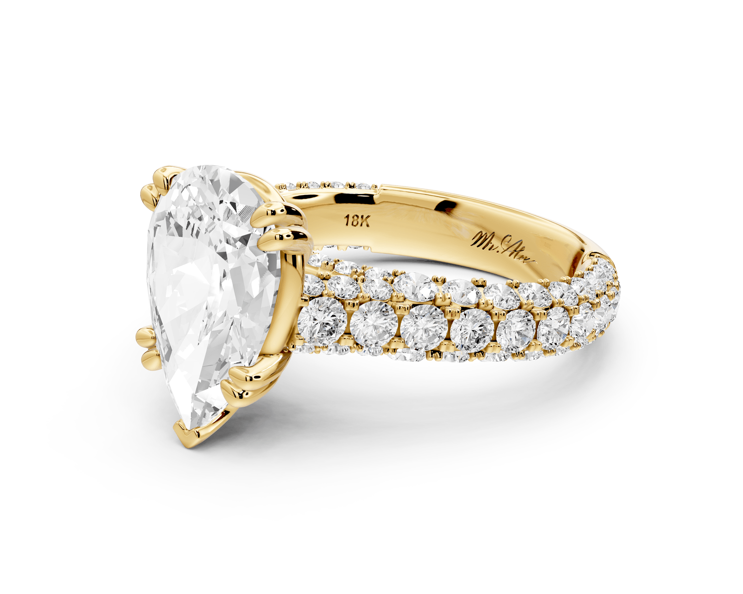 Clarissa - 3ct 18k yellow gold pear Diamond double talon prongs with a diamond bridge rollover pave cathedral engagment ring - Mr. Alex Jewelry