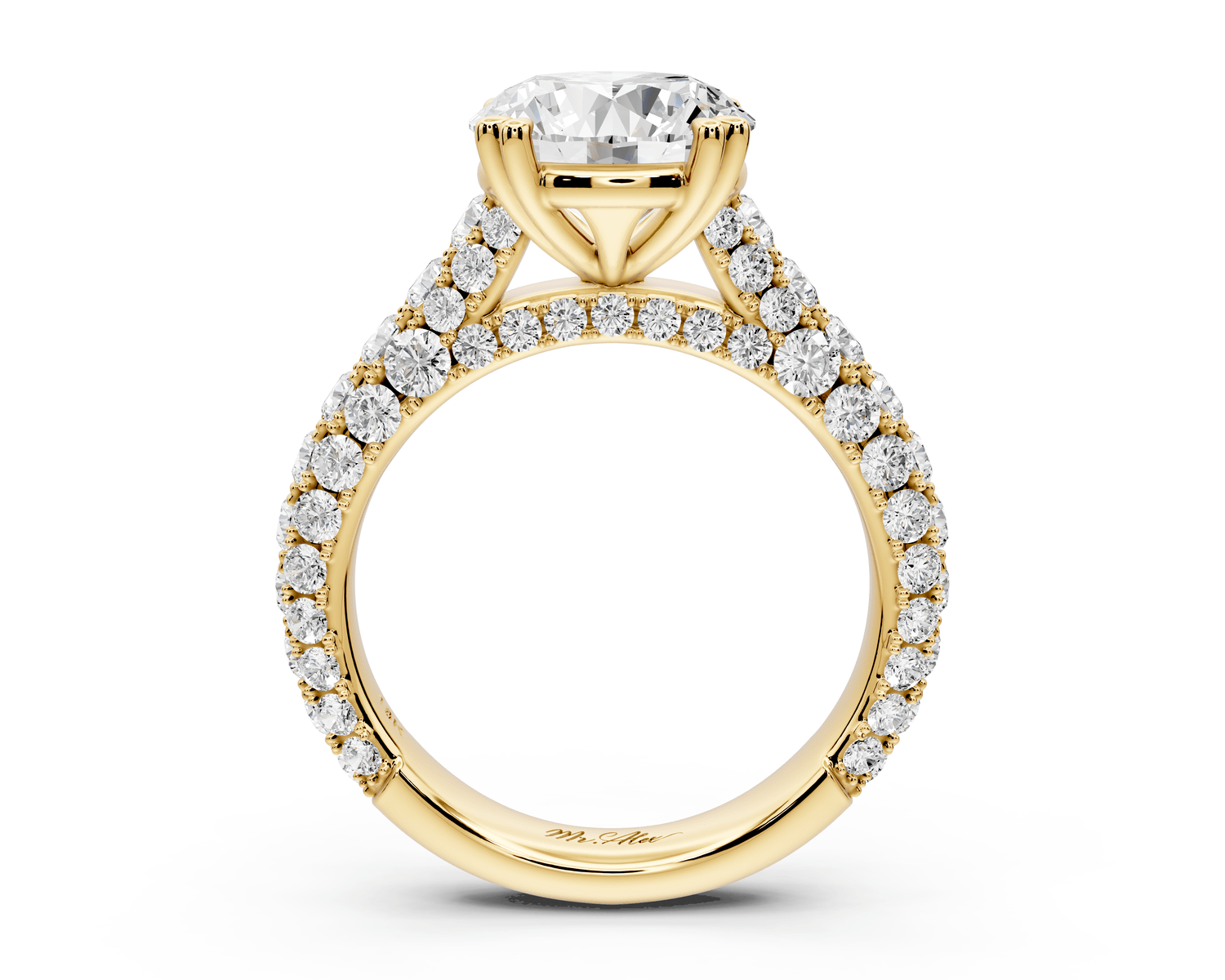 Clarissa - 3ct 18k yellow gold round Diamond double talon prongs with a diamond bridge rollover pave cathedral engagment ring - Mr. Alex Jewelry