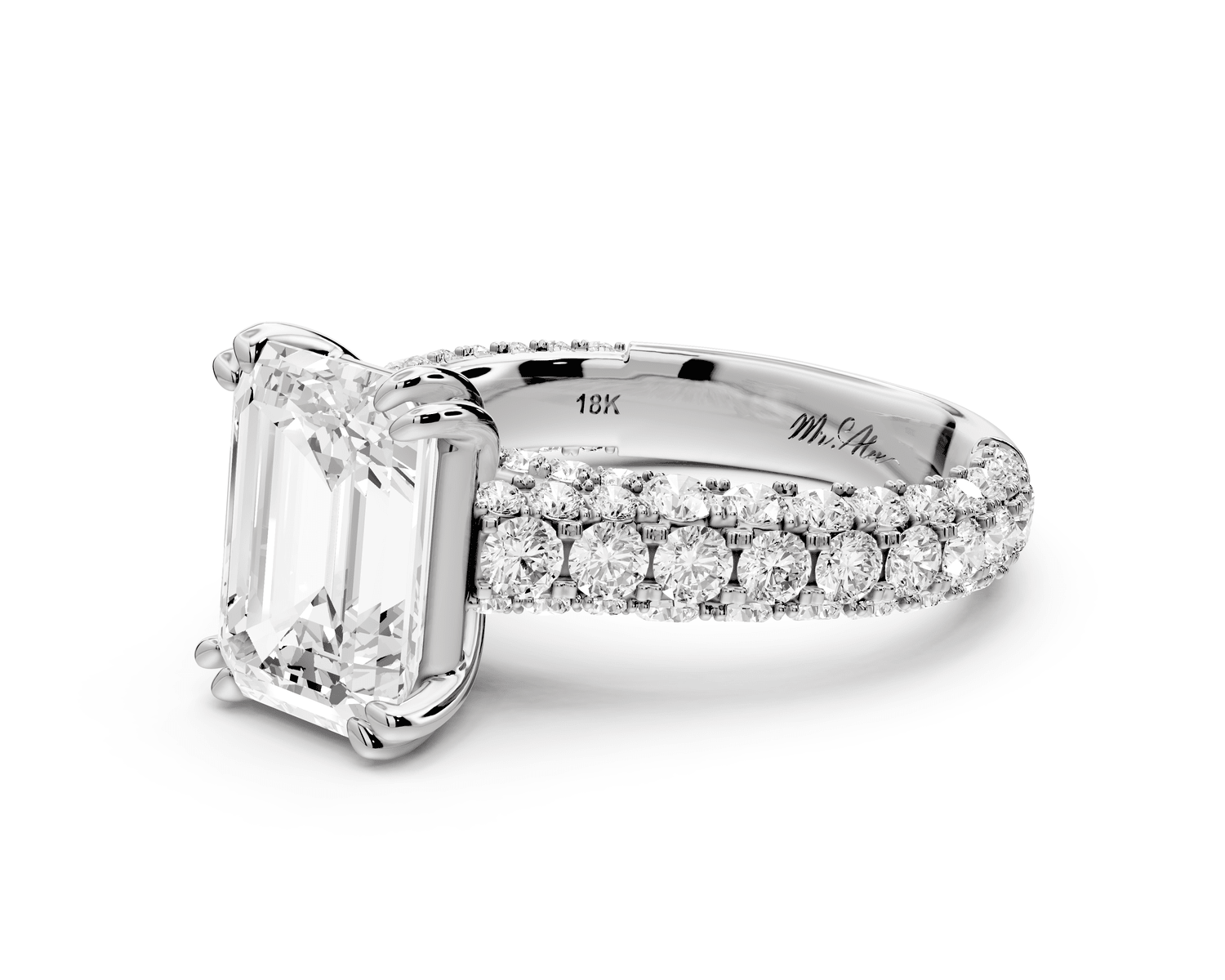 Clarissa - 3ct platinum emerald Diamond double talon prongs with a diamond bridge rollover pave cathedral engagment ring - Mr. Alex Jewelry