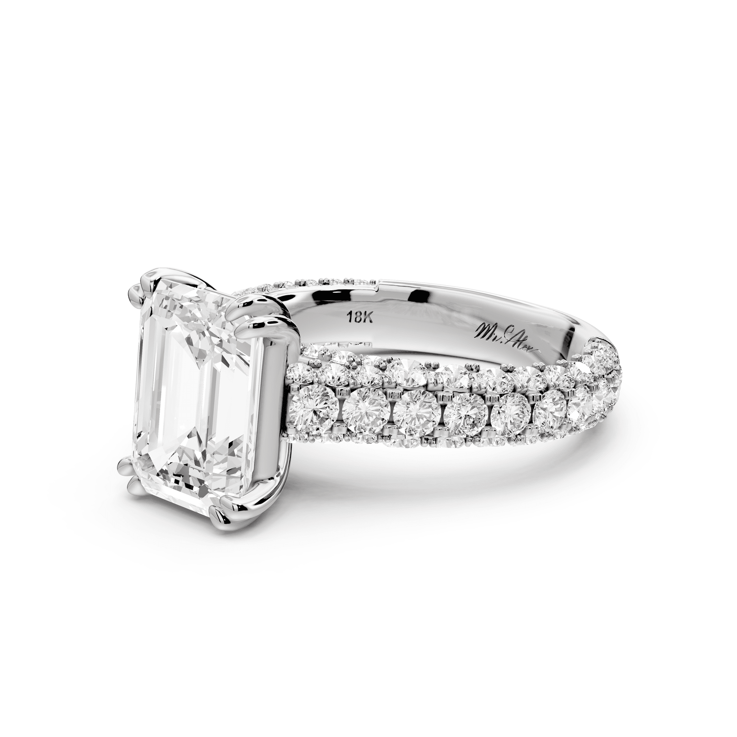 Clarissa - 3ct platinum emerald Diamond double talon prongs with a diamond bridge rollover pave cathedral engagment ring - Mr. Alex Jewelry