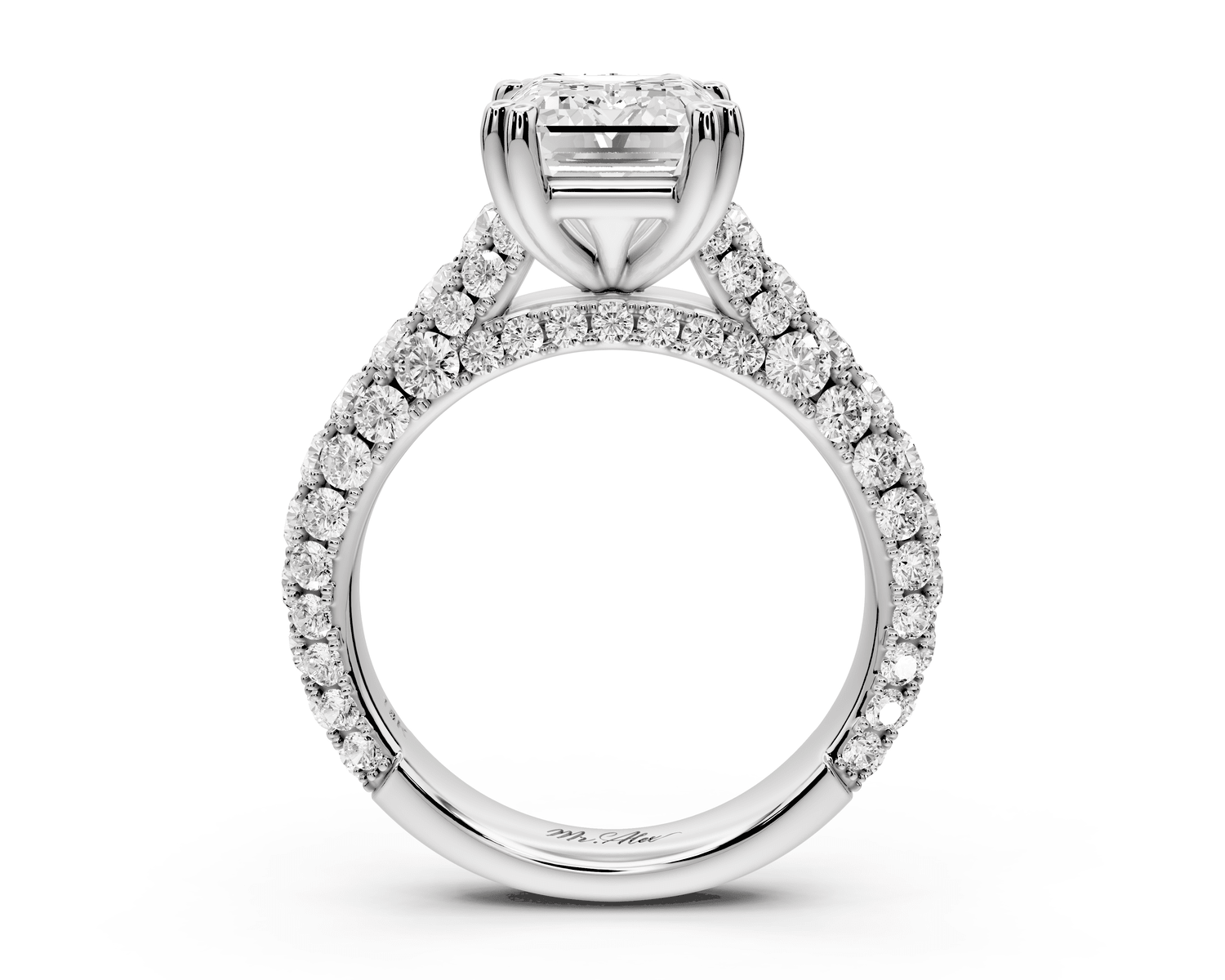 Clarissa - 3ct platinum emerald Diamond double talon prongs with a diamond bridge rollover pave cathedral engagment ring - Mr. Alex Jewelry
