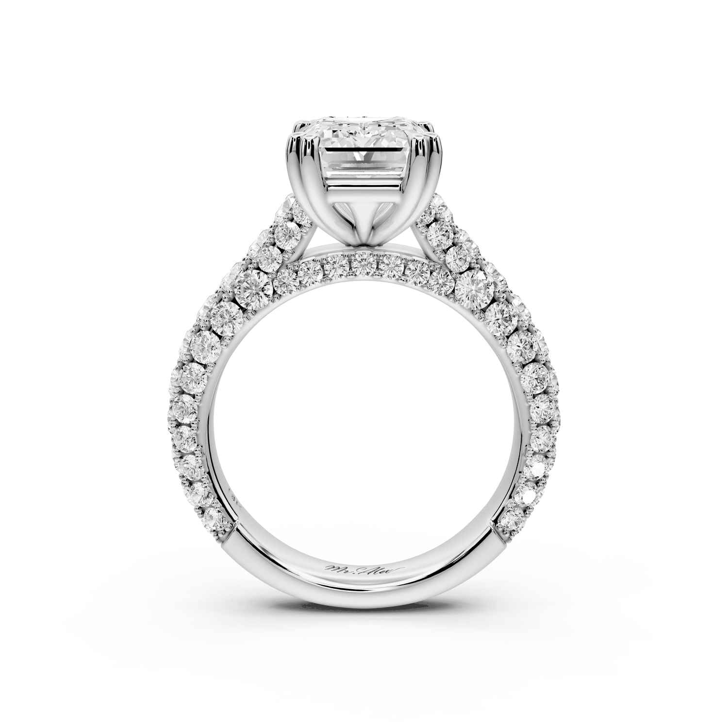 Clarissa - 3ct platinum emerald Diamond double talon prongs with a diamond bridge rollover pave cathedral engagment ring - Mr. Alex Jewelry