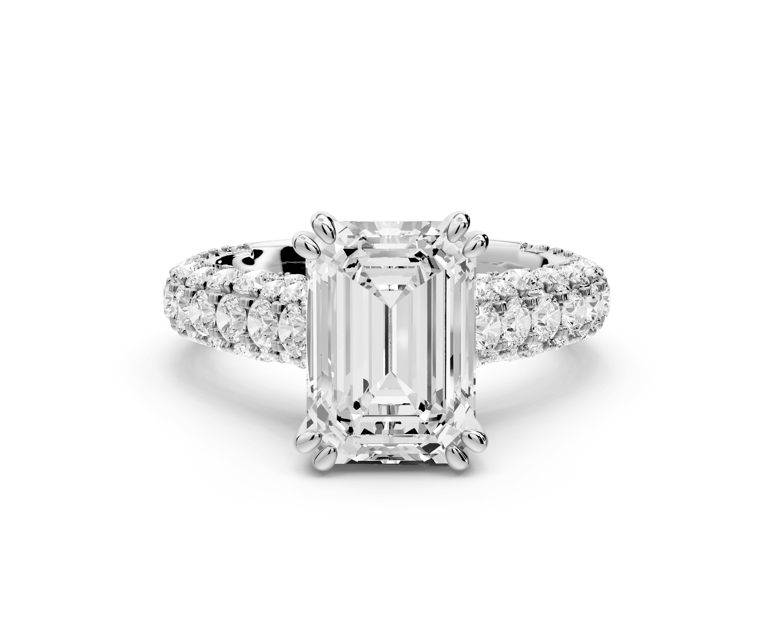 Clarissa - 3ct platinum emerald Diamond double talon prongs with a diamond bridge rollover pave cathedral engagment ring - Mr. Alex Jewelry