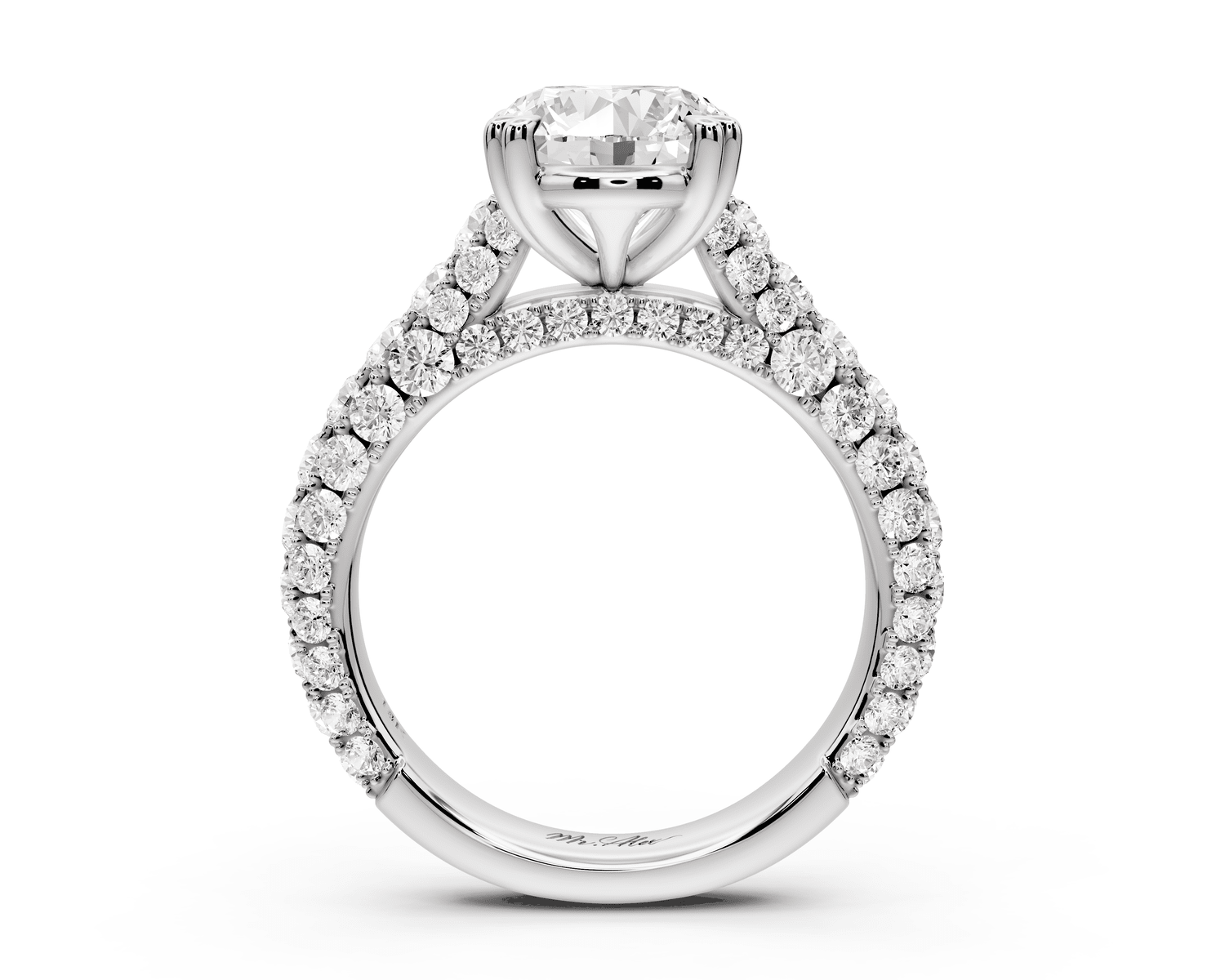 Clarissa - 3ct platinum oval Diamond double talon prongs with a diamond bridge rollover pave cathedral engagment ring - Mr. Alex Jewelry