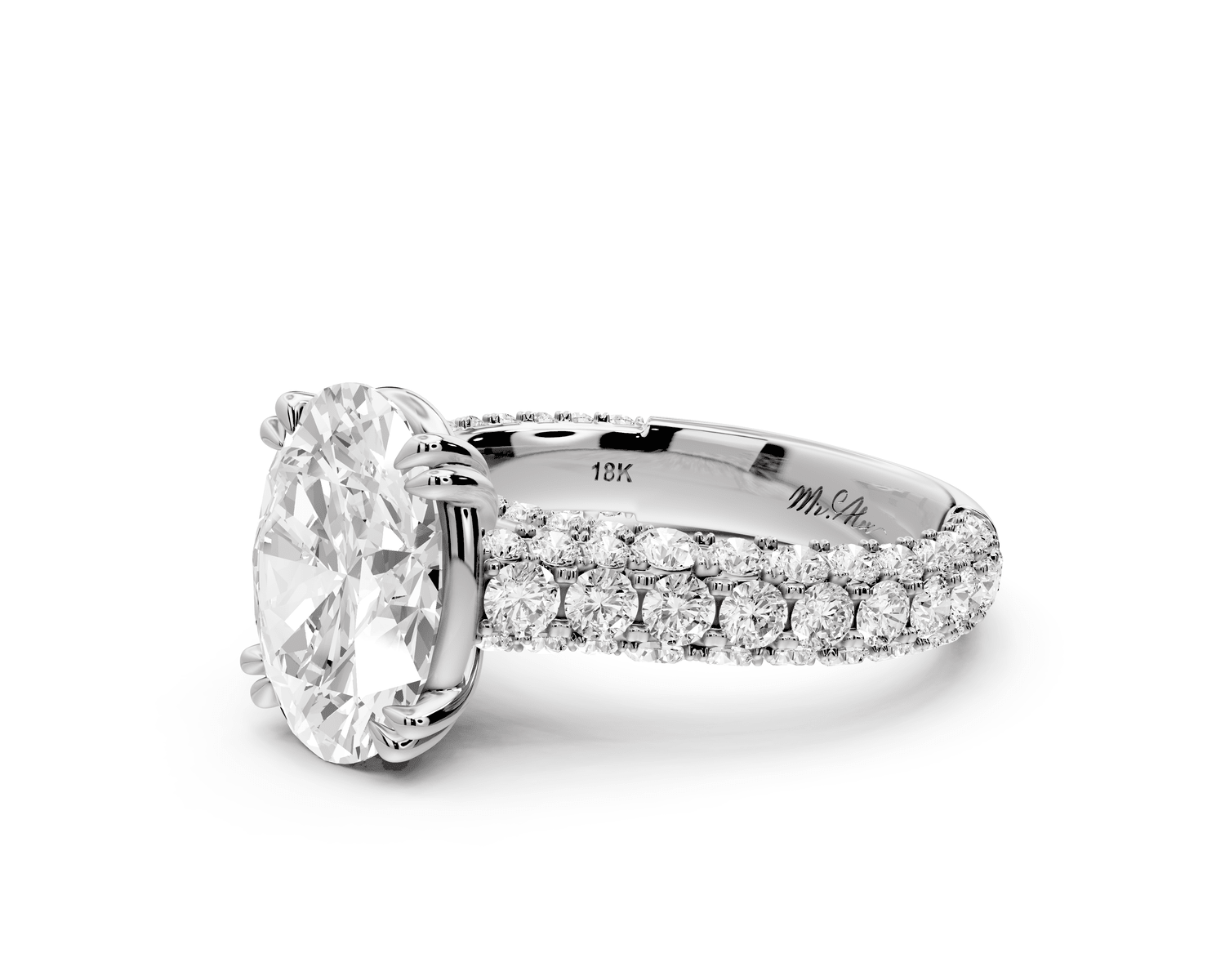 Clarissa - 3ct platinum oval Diamond double talon prongs with a diamond bridge rollover pave cathedral engagment ring - Mr. Alex Jewelry