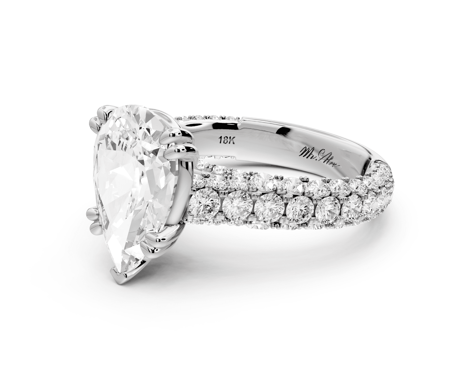 Clarissa - 3ct platinum pear Diamond double talon prongs with a diamond bridge rollover pave cathedral engagment ring - Mr. Alex Jewelry