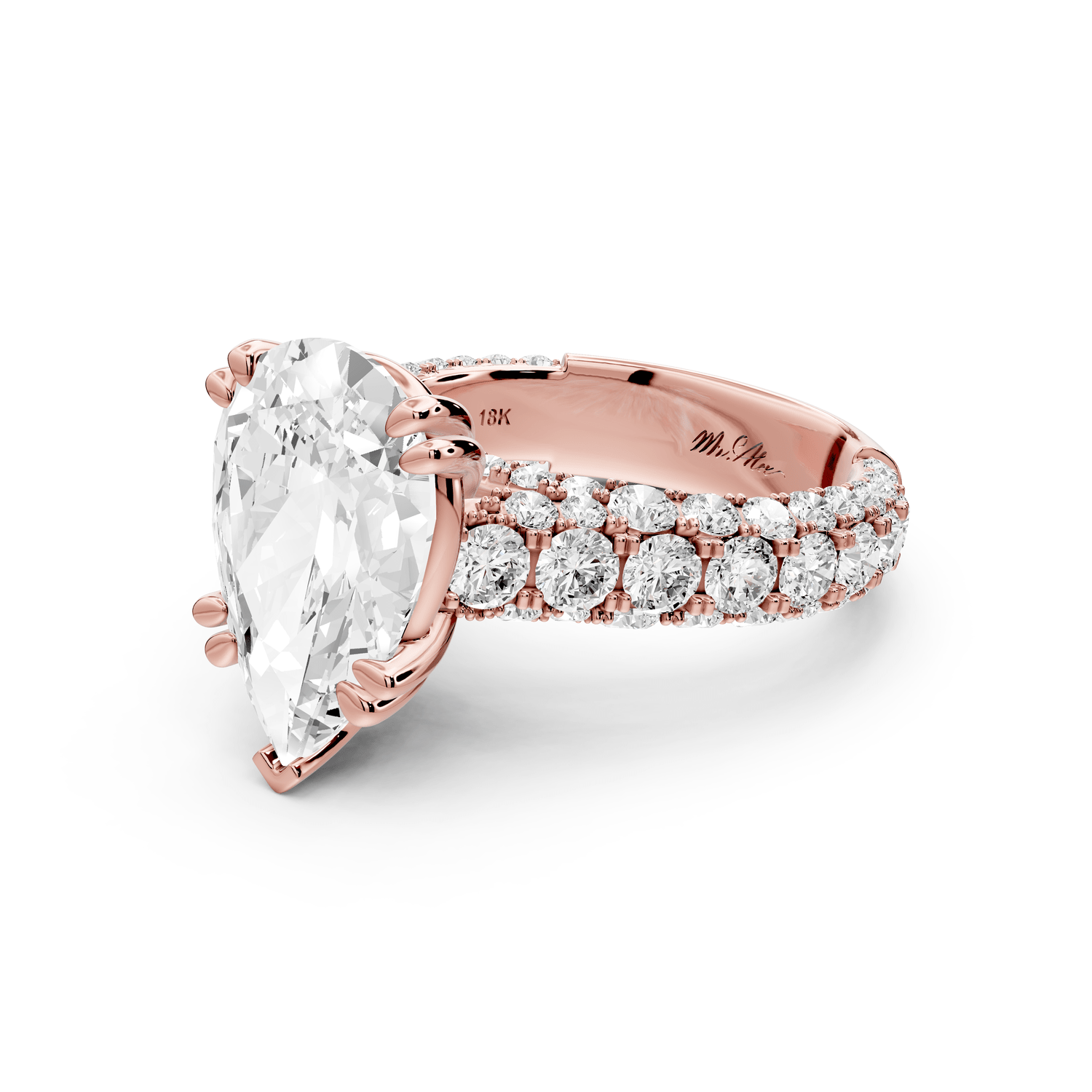 Clarissa - 4ct 14k rose gold pear Diamond double talon prongs with a diamond bridge rollover pave cathedral engagment ring - Mr. Alex Jewelry