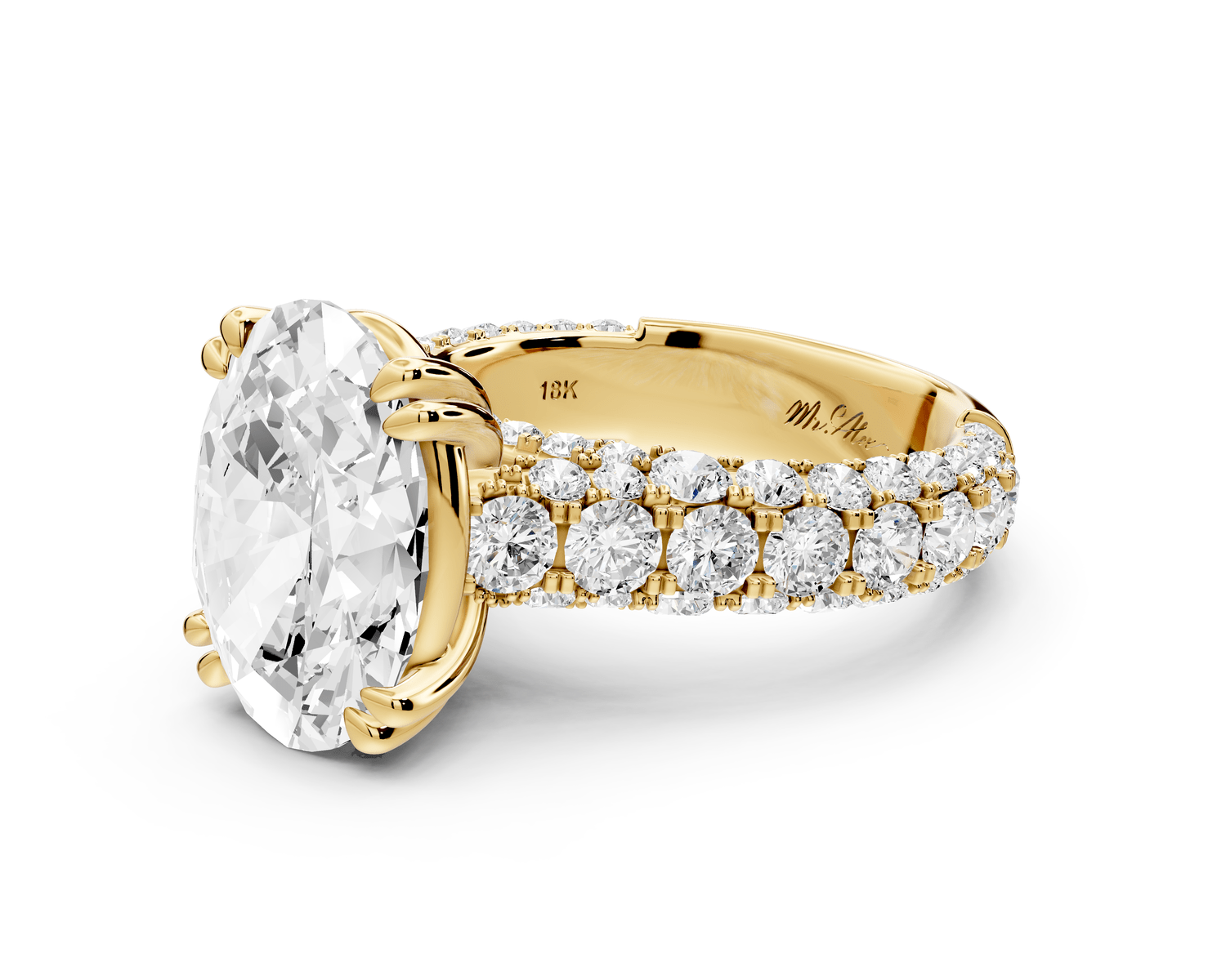 Clarissa - 4ct 14k yellow gold oval Diamond double talon prongs with a diamond bridge rollover pave cathedral engagment ring - Mr. Alex Jewelry