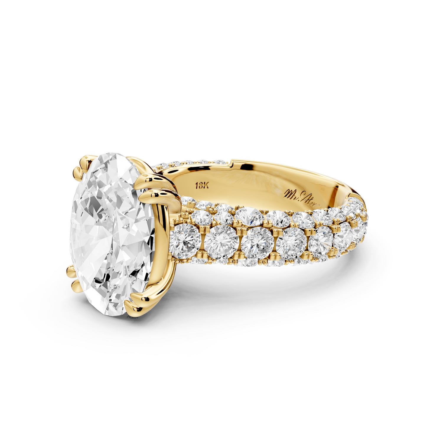 Clarissa - 4ct 14k yellow gold oval Diamond double talon prongs with a diamond bridge rollover pave cathedral engagment ring - Mr. Alex Jewelry