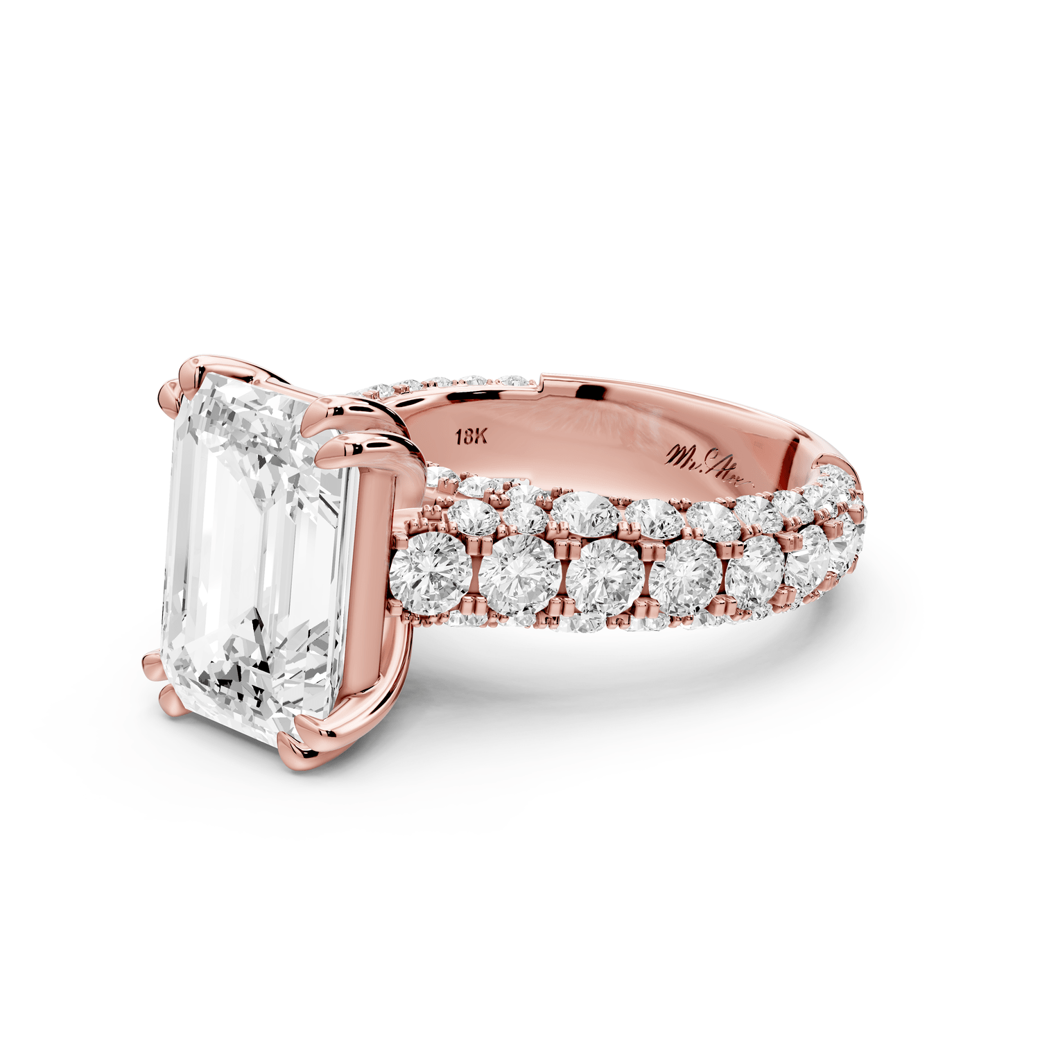Clarissa - 4ct 18k rose gold emerald Diamond double talon prongs with a diamond bridge rollover pave cathedral engagment ring - Mr. Alex Jewelry