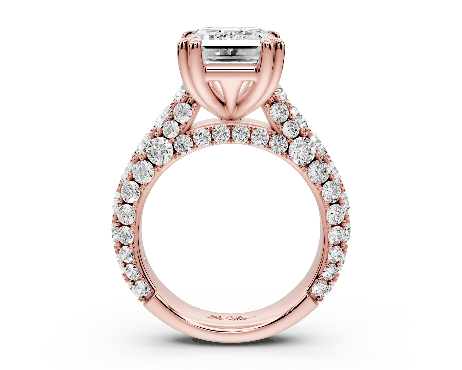 Clarissa - 4ct 18k rose gold emerald Diamond double talon prongs with a diamond bridge rollover pave cathedral engagment ring - Mr. Alex Jewelry