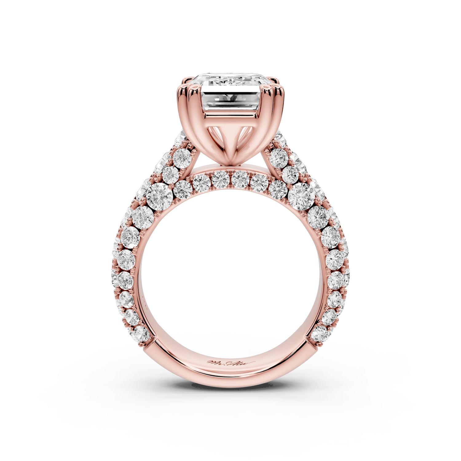 Clarissa - 4ct 18k rose gold emerald Diamond double talon prongs with a diamond bridge rollover pave cathedral engagment ring - Mr. Alex Jewelry