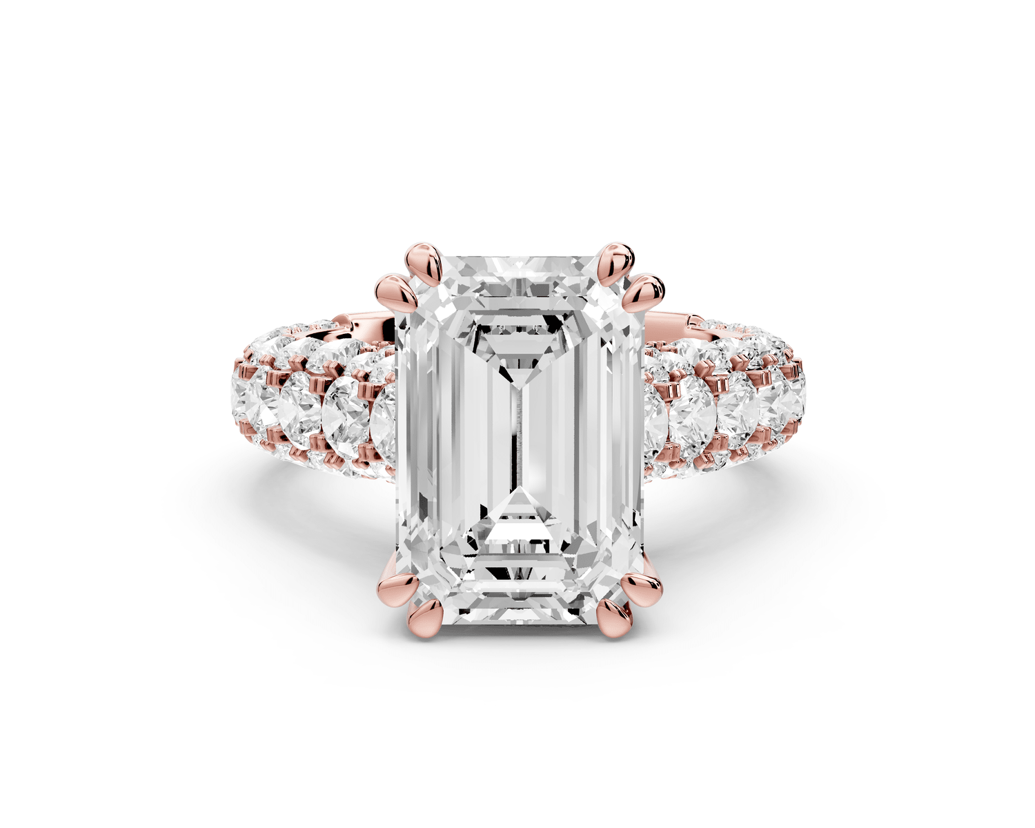 Clarissa - 4ct 18k rose gold emerald Diamond double talon prongs with a diamond bridge rollover pave cathedral engagment ring - Mr. Alex Jewelry