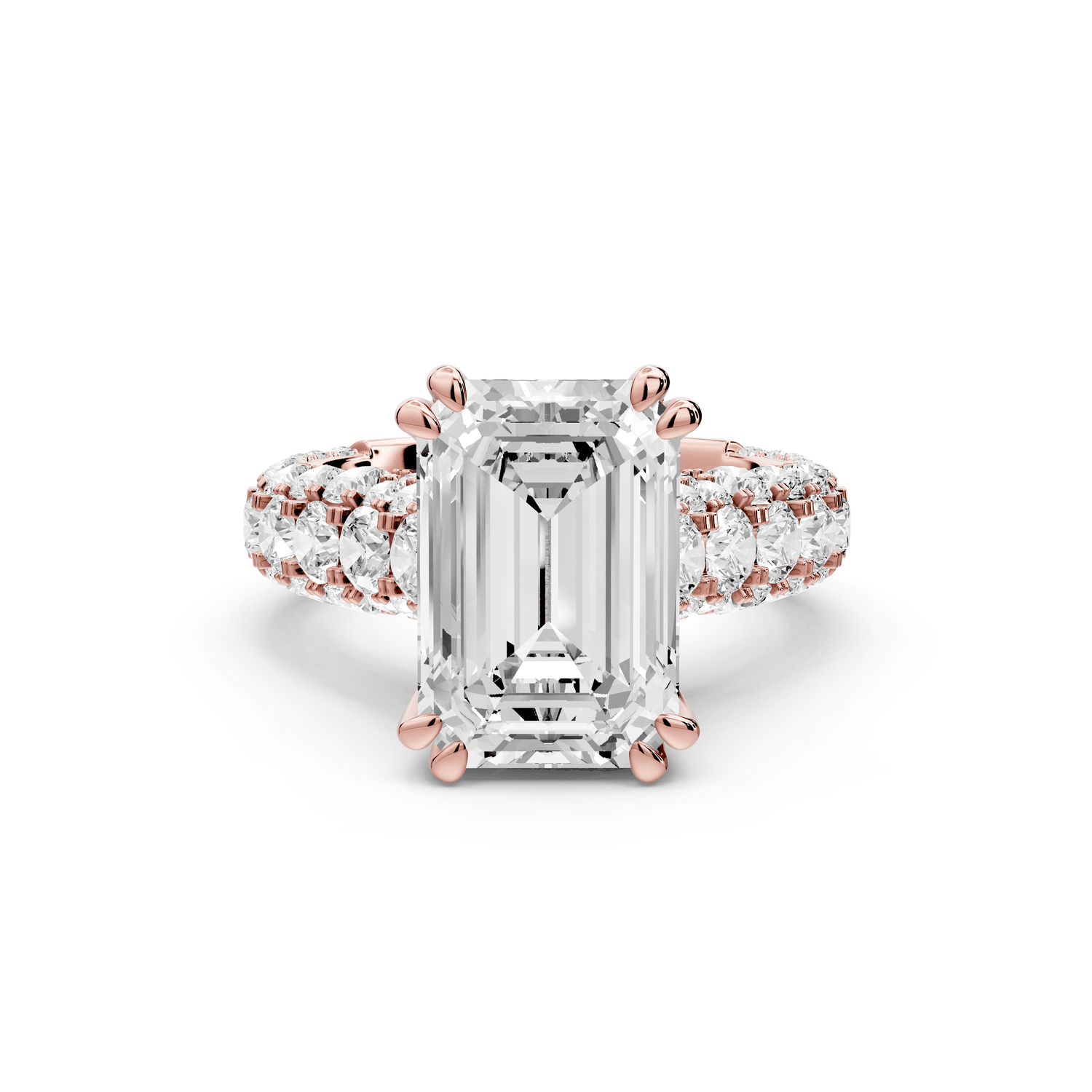 Clarissa - 4ct 18k rose gold emerald Diamond double talon prongs with a diamond bridge rollover pave cathedral engagment ring - Mr. Alex Jewelry
