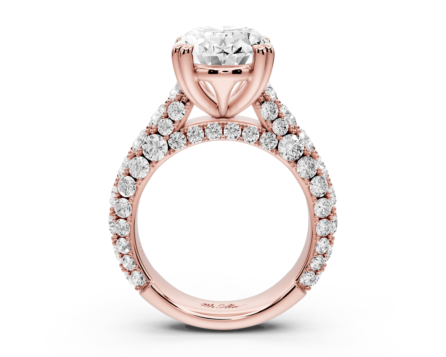 Clarissa - 4ct 18k rose gold oval Diamond double talon prongs with a diamond bridge rollover pave cathedral engagment ring - Mr. Alex Jewelry