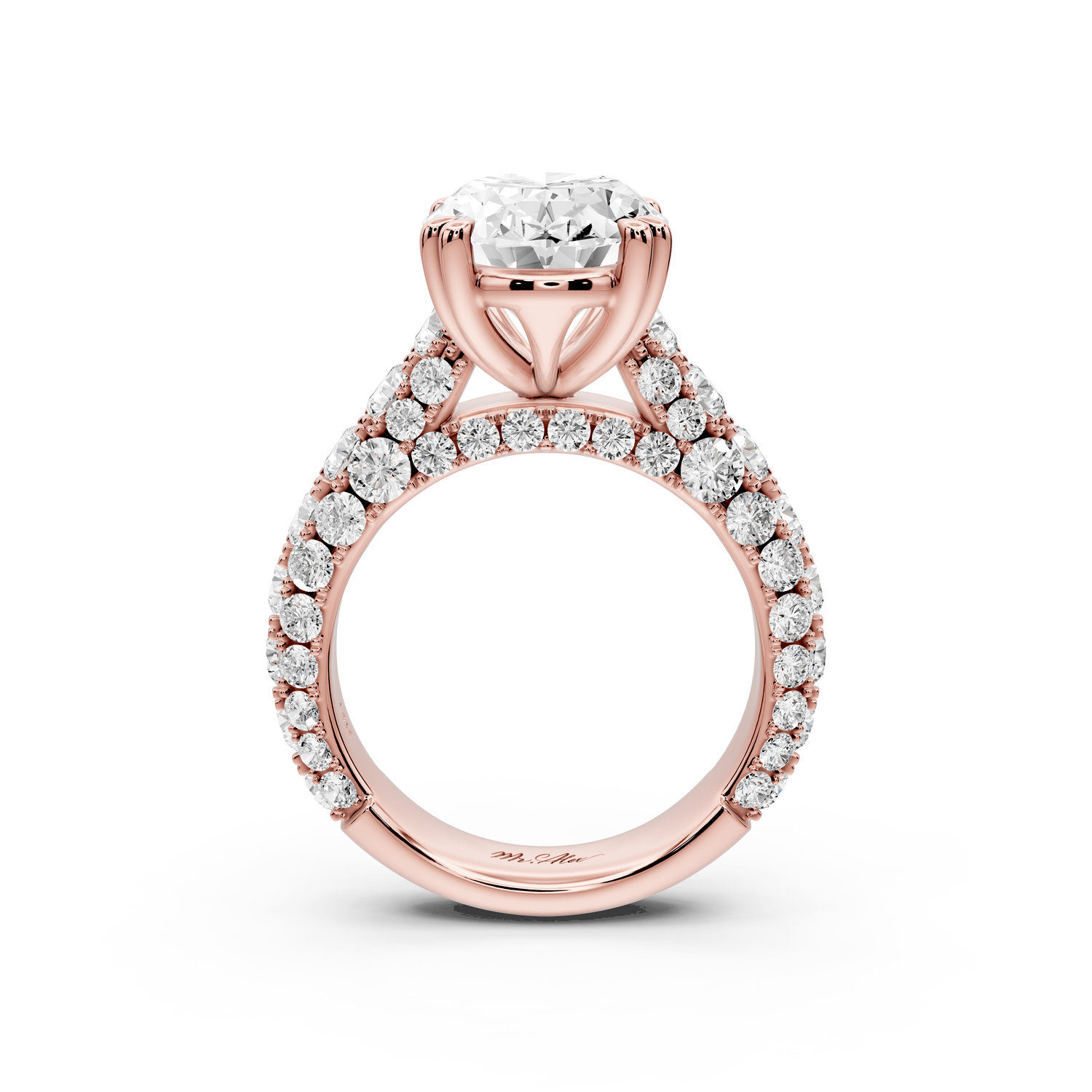 Clarissa - 4ct 18k rose gold oval Diamond double talon prongs with a diamond bridge rollover pave cathedral engagment ring - Mr. Alex Jewelry